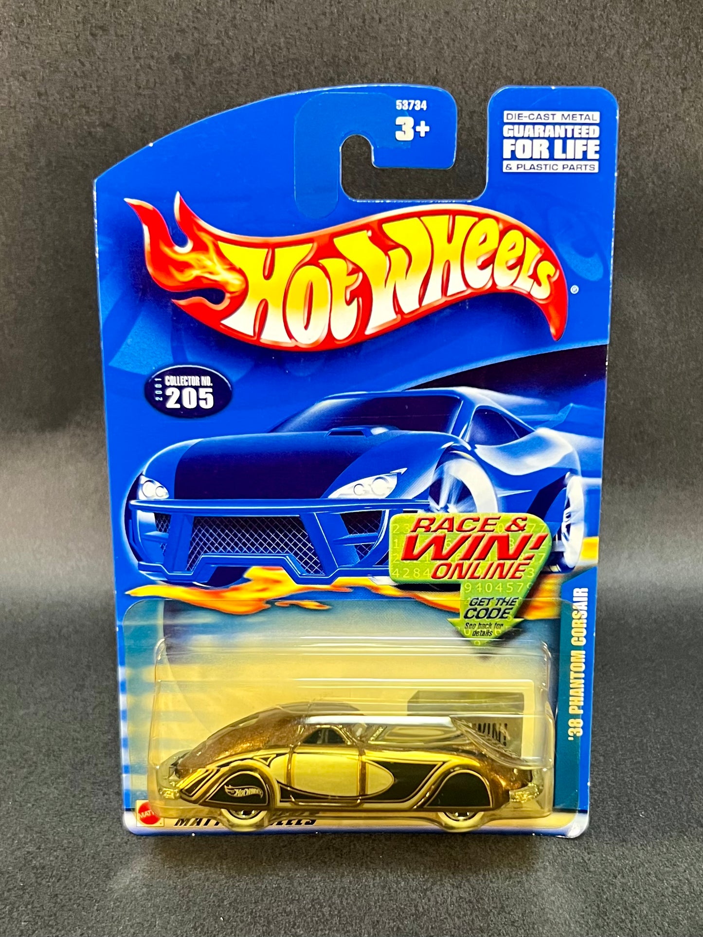2000 Hot Wheels 2001 #205 '38 Phantom Corsair, Gold and Black *Yellow Blister