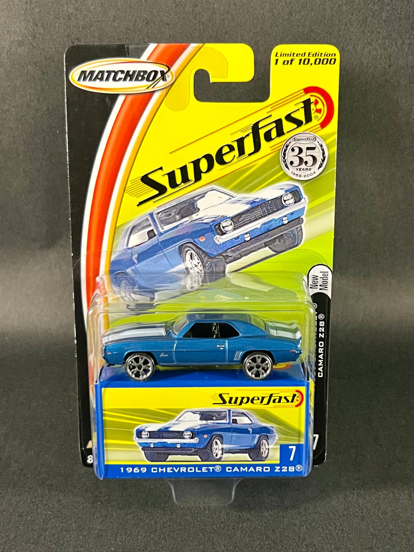 2004 Matchbox Superfast #7 1969 Chevrolet Camaro Z28, Blue and White