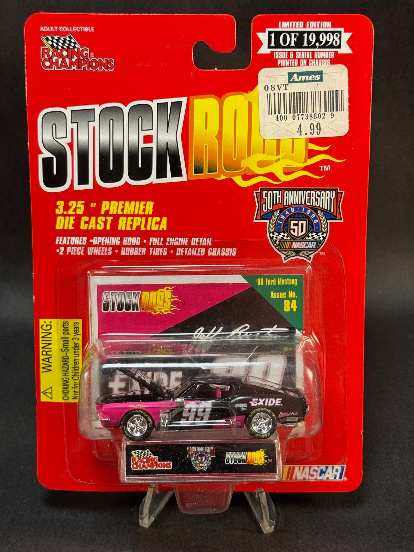 1998 Racing Champions NASCAR Stock Rods #84 '68 Ford Mustang, Black and Pink
