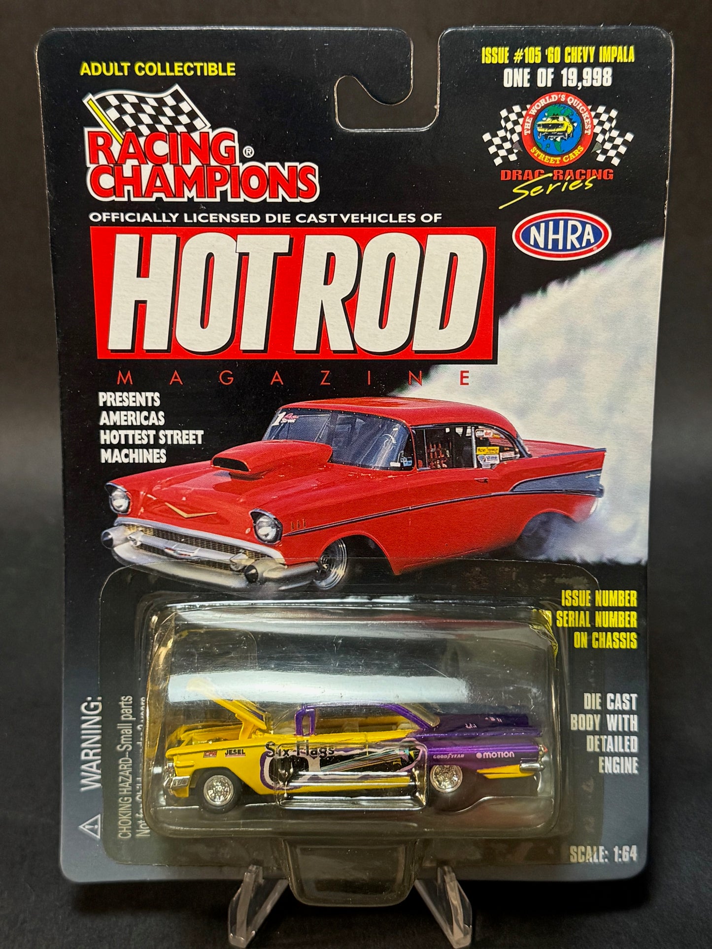 1998 Racing Champions Hot Rod Magazine Issue #105 NHRA '60 Chevy Impala, Yellow and Purple