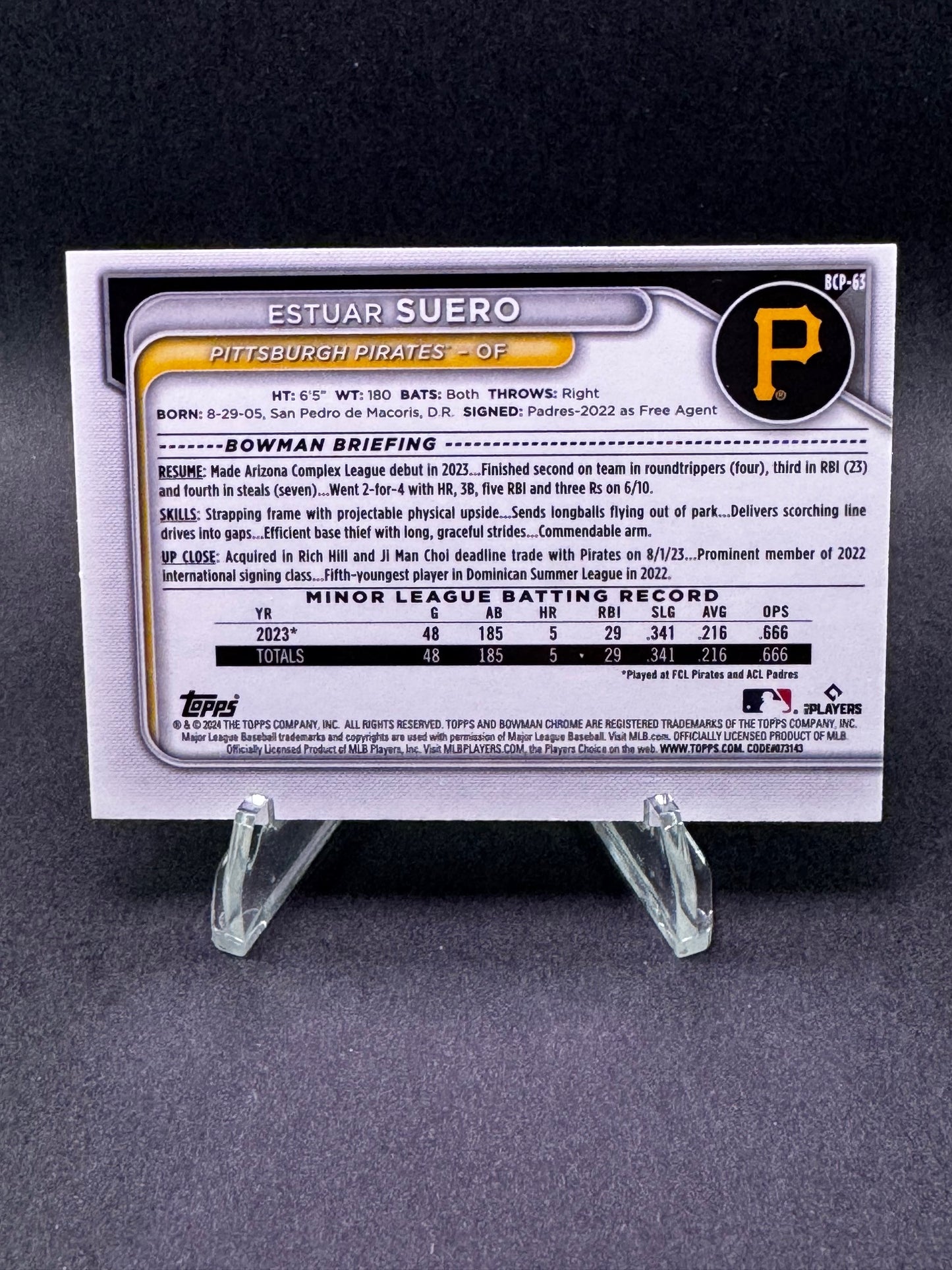 2024 Bowman Chrome 1st Edition Fuchsia Lunar Glow /199 Estuar Suero Pittsburgh Pirates