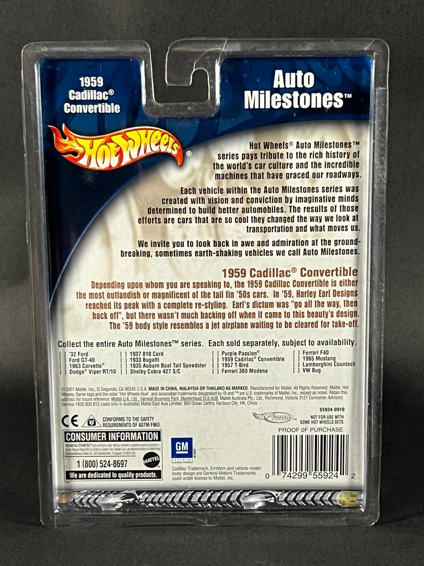 2001 Hot Wheels Auto Milestones 1959 Cadillac Convertible, Red and White