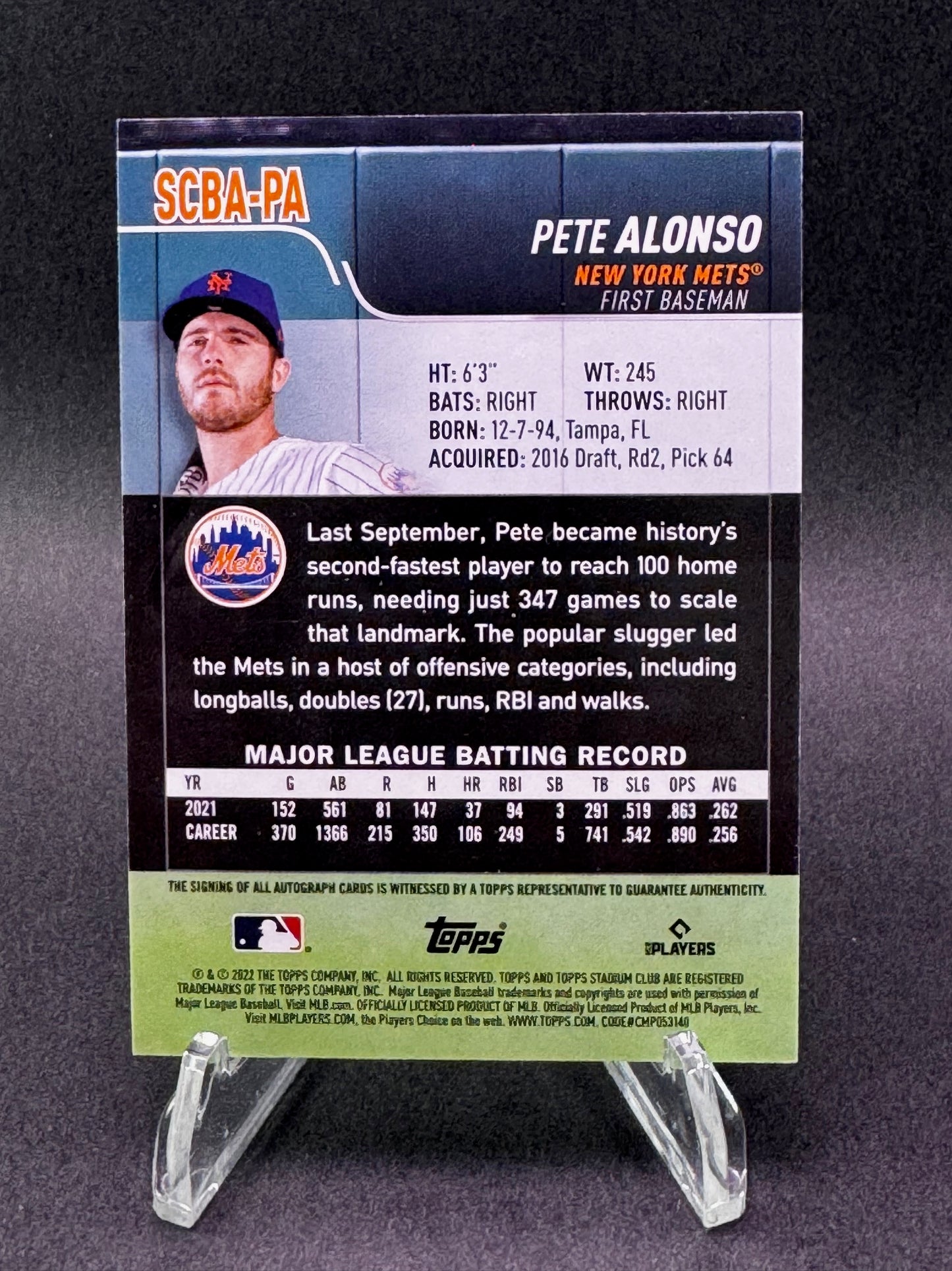 2022 Topps Stadium Club Autograph Card Pete Alonso New York Mets
