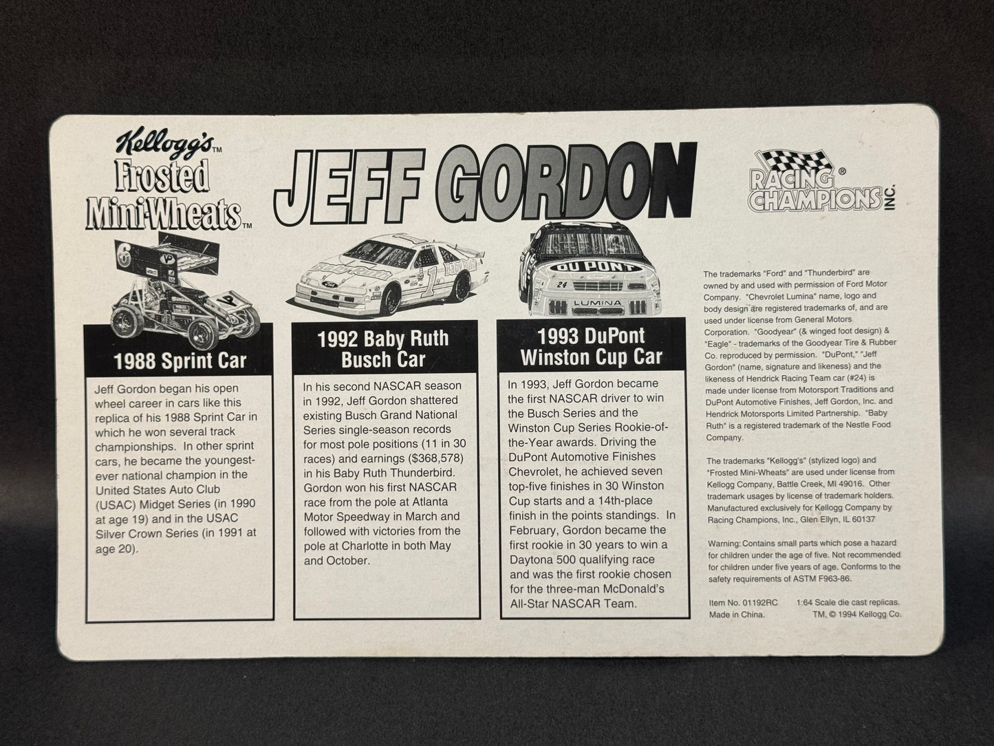 1994 Racing Champions NASCAR Kellogg's Frosted Mini-Wheats Jeff Gordon Mini-Car Collector Set