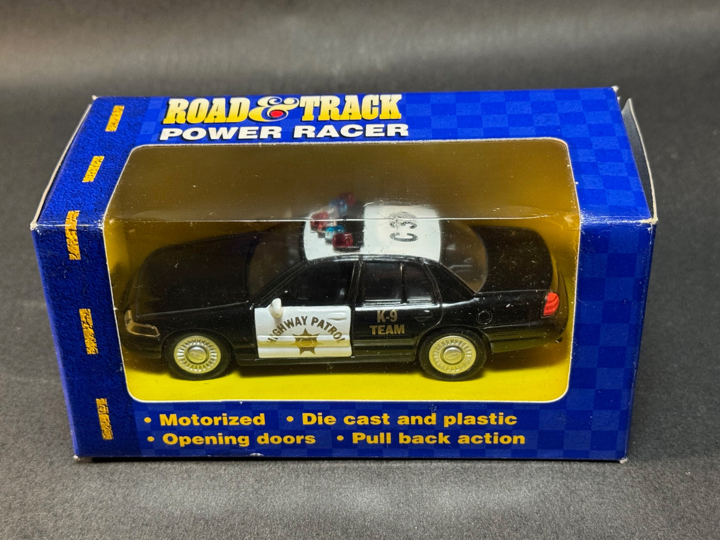 1998 Maisto Road & Track Power Racer Highway Patrol Cruiser K-9 Team, Black and White