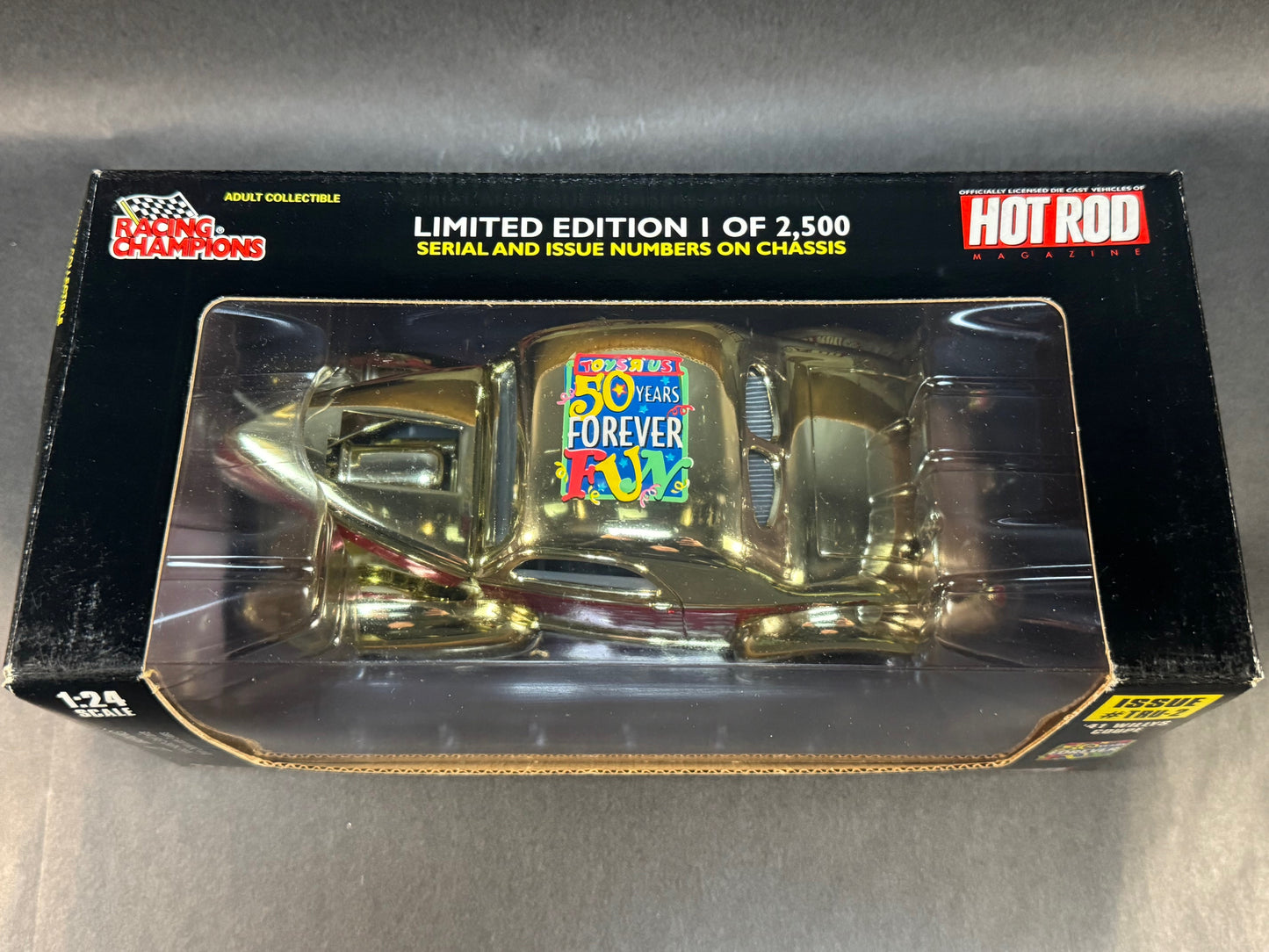 1998 Racing Champions Hot Rod Magazine 1:24 Toys R Us '41 Willys Coupe, Gold and Red