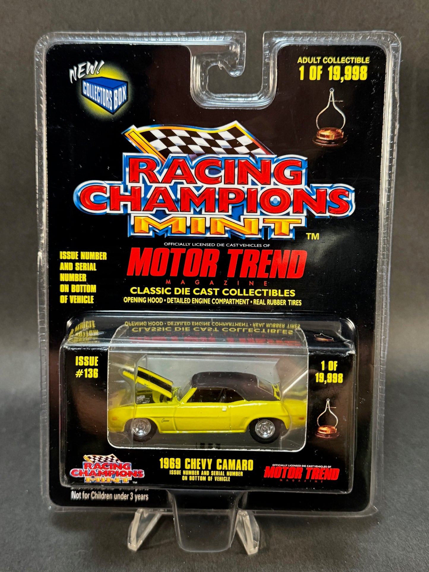 1998 Racing Champions MINT Motor Trend #136 1969 Chevy Camaro, Yellow and Black