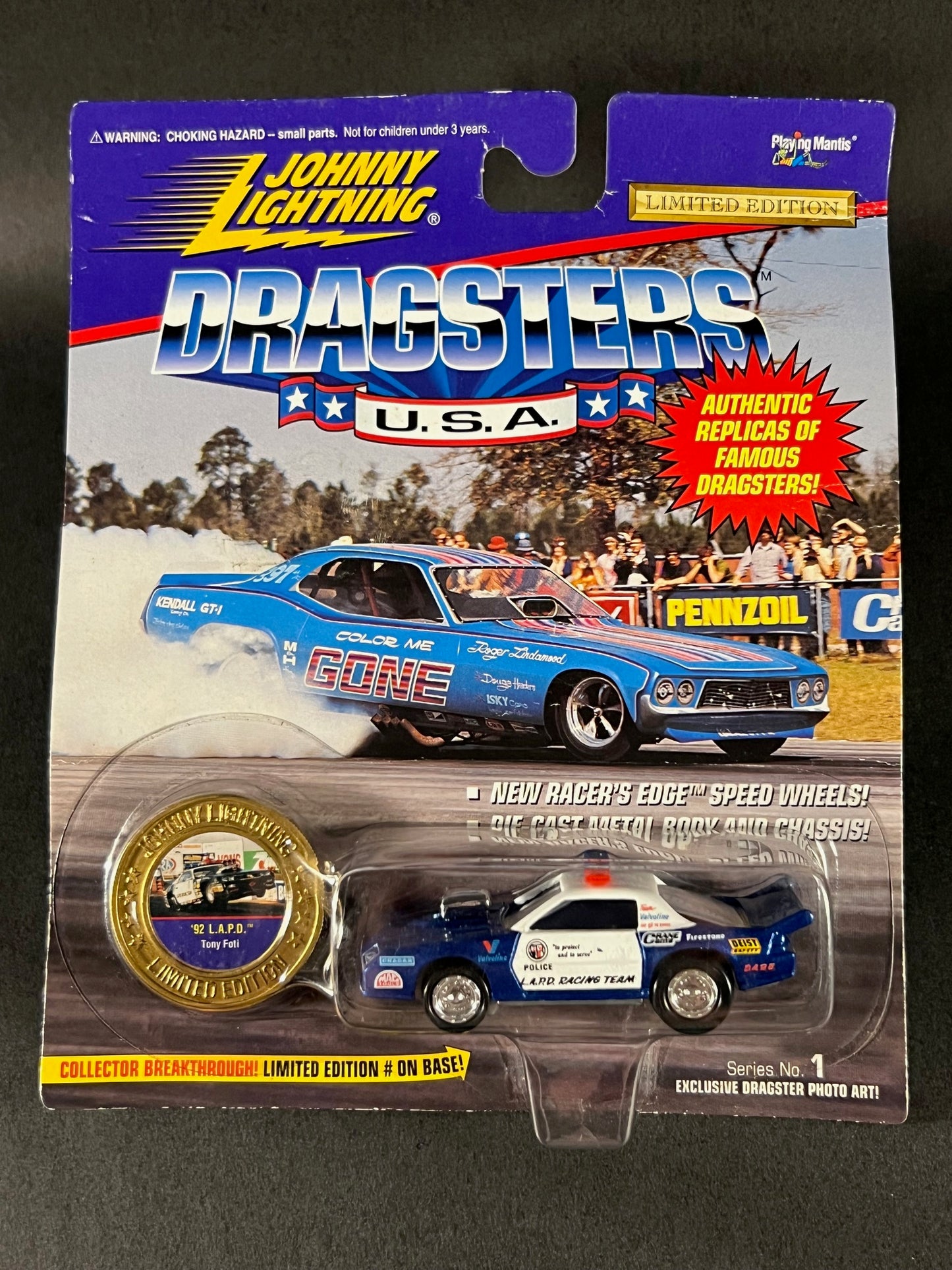 1995 Johnny Lightning Dragsters USA Series 1 '92 LAPD Tony Foti, Blue and White