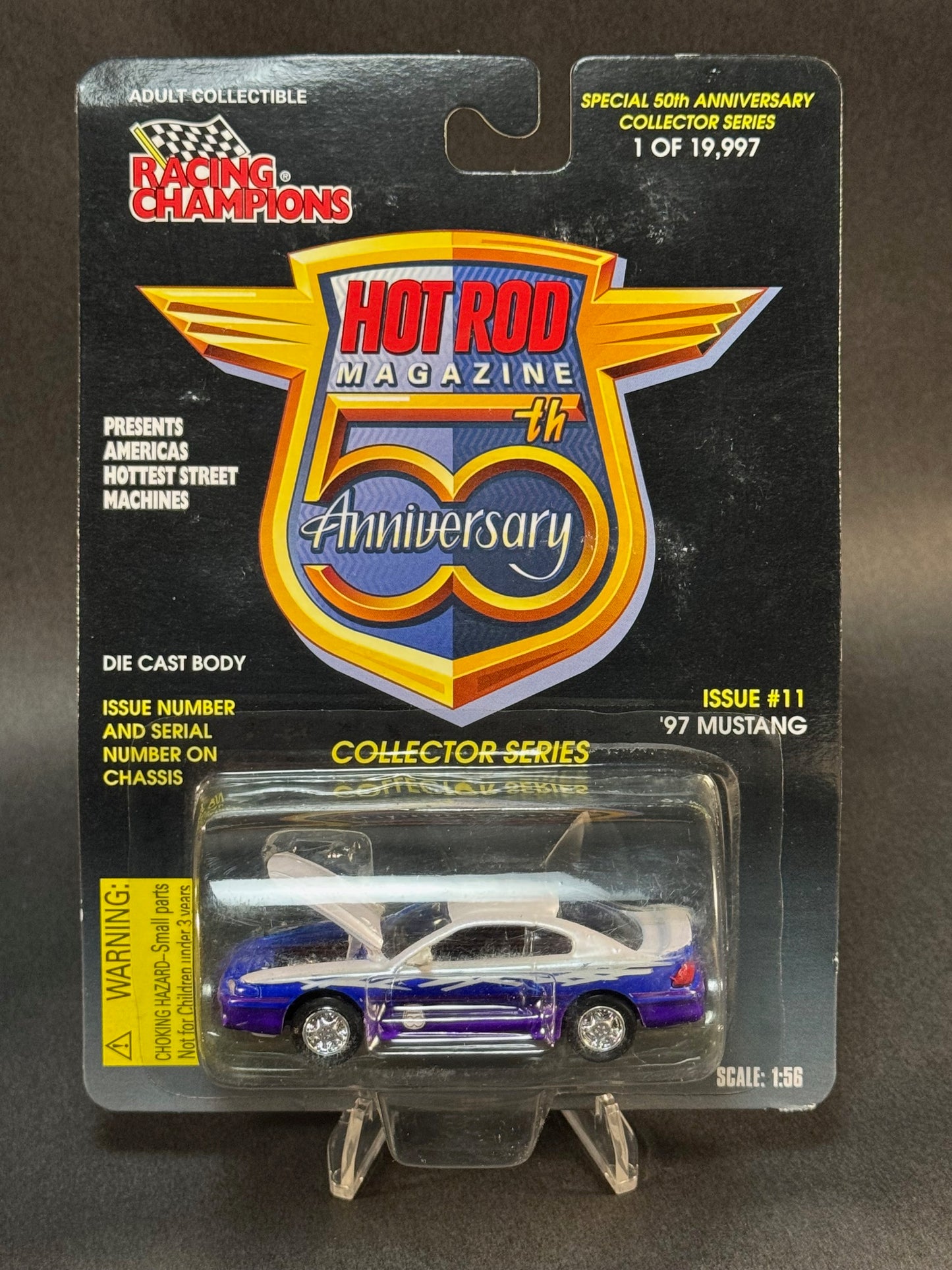 1997 Racing Champions Hot Rod Magazine 50th Anniversary Issue 11 '97 Mustang, White and Blue