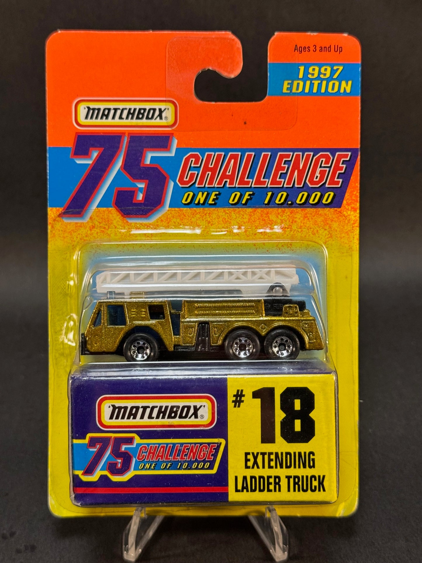 1996 Matchbox 75 Challenge 1997 Edition #18 Extending Ladder Truck, Gold