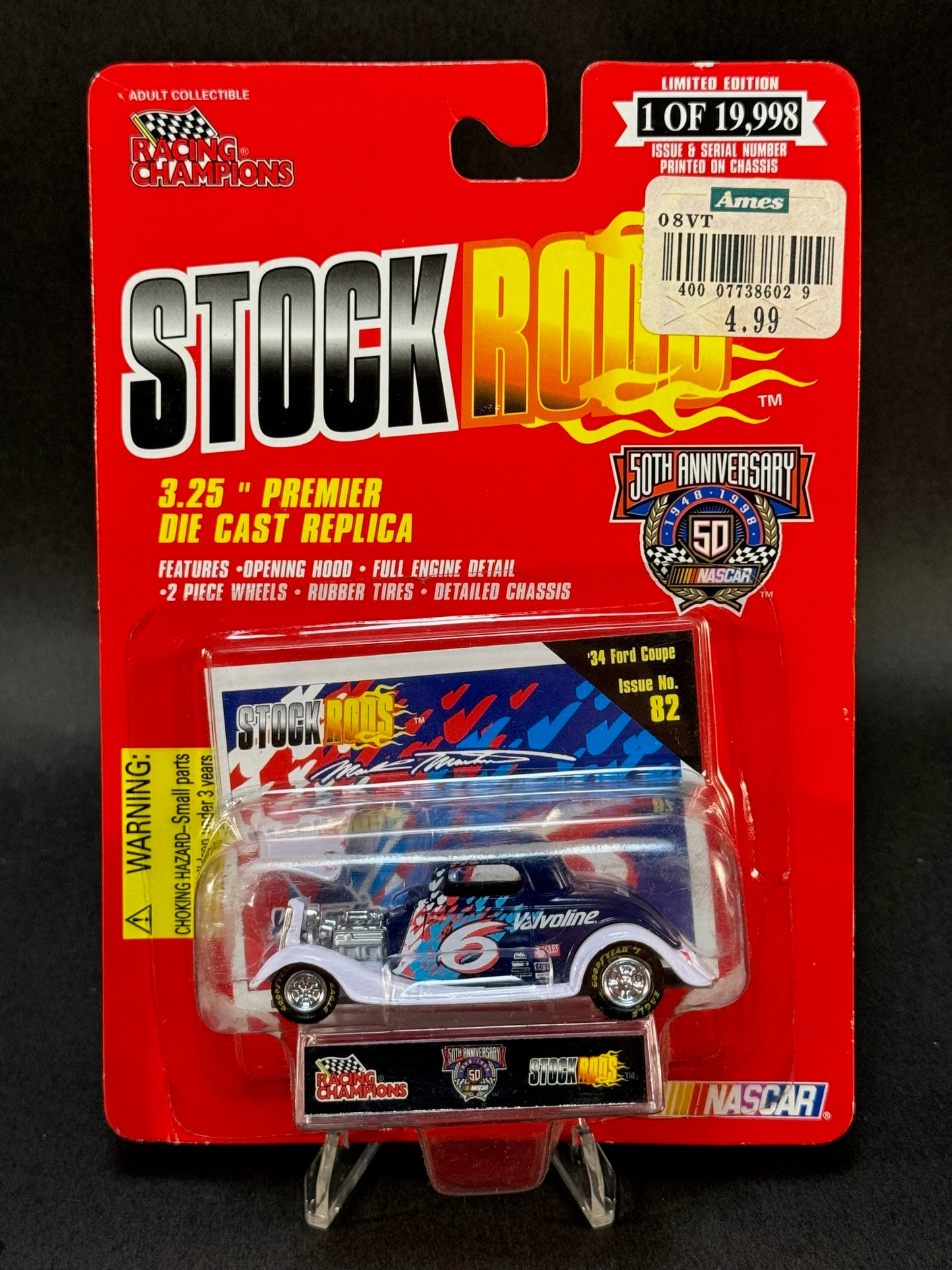 1998 Racing Champions NASCAR Stock Rods #82 '34 Ford Coupe, White and Blue