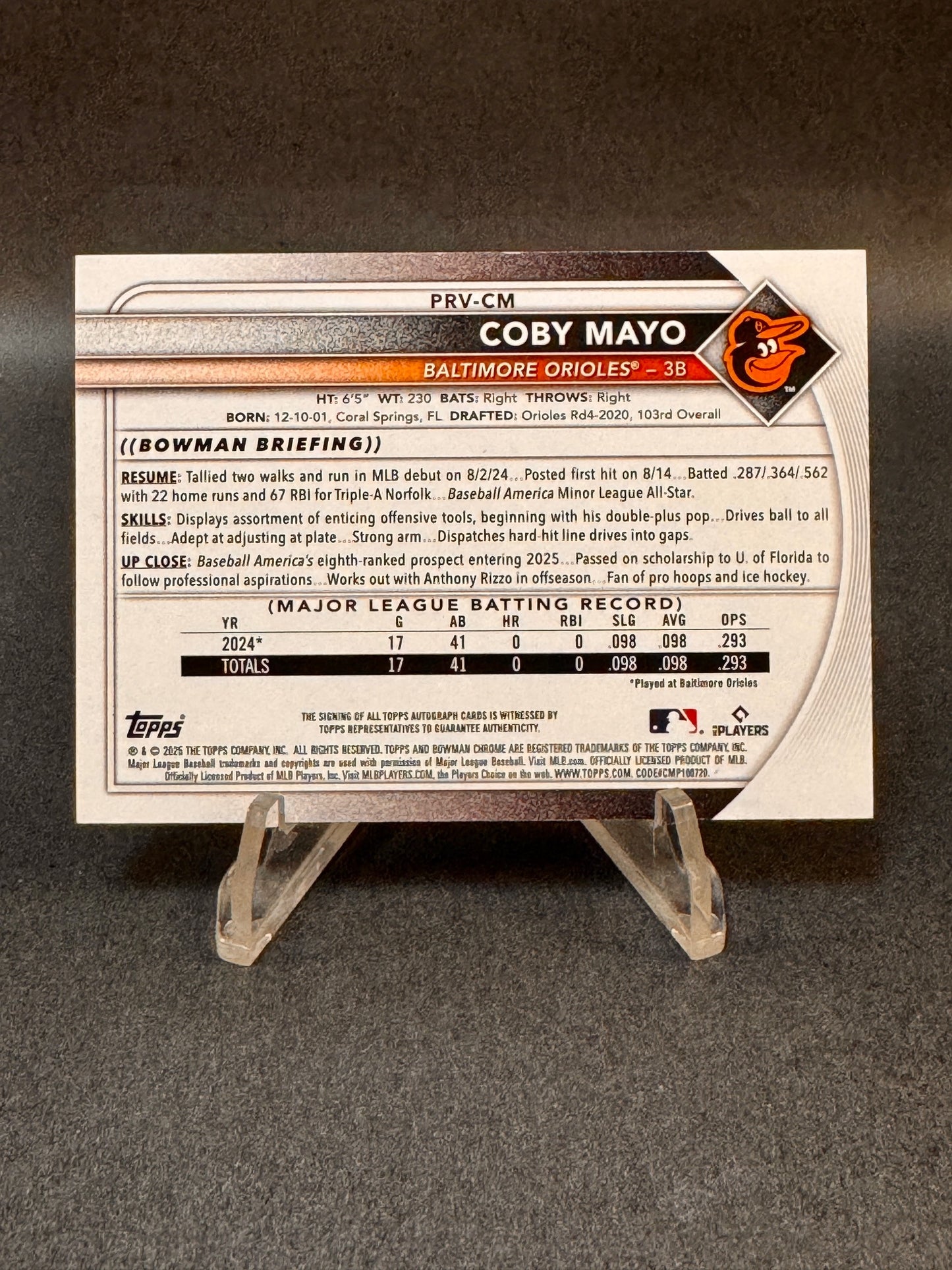 2025 Bowman Rookie RC Purple Autograph /250 Coby Mayo Orioles