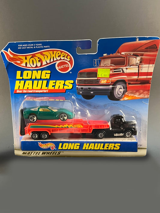 Hot Wheels Long Haulers Black Semi Truck Red Trailer Green Corvette