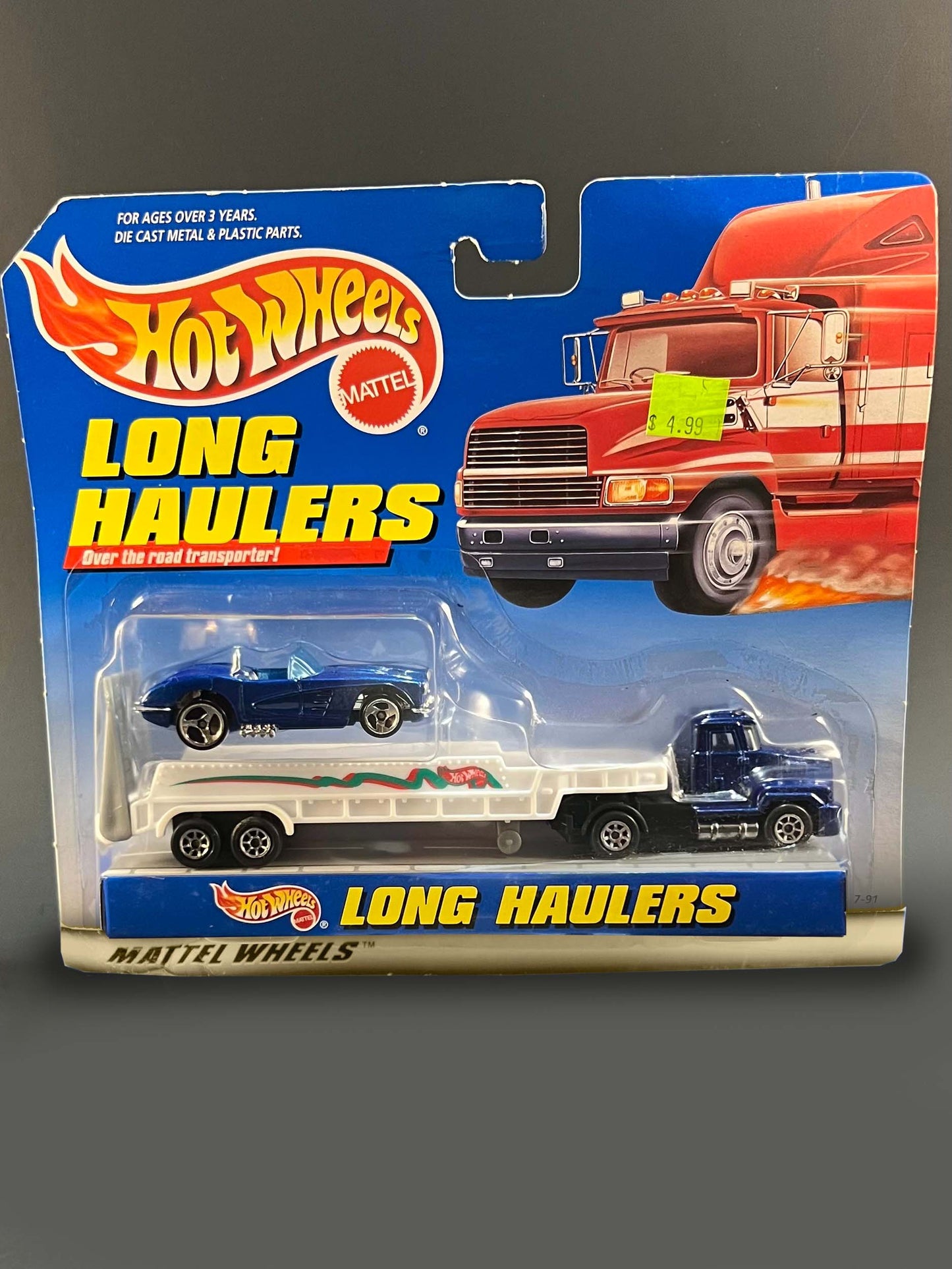 Hot Wheels Long Haulers Blue Semi Truck White Trailer with Blue Corvette