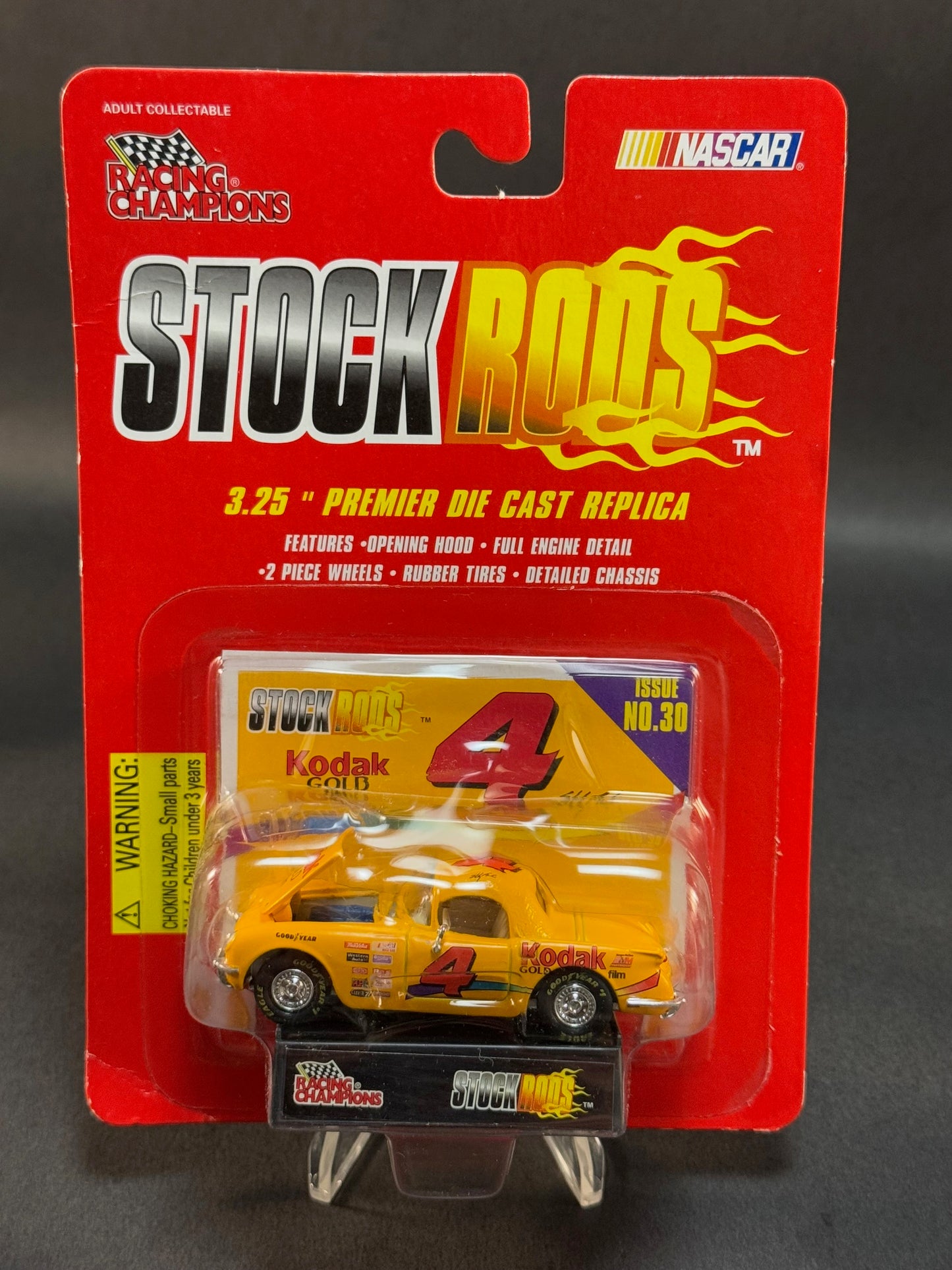 1997 Racing Champions NASCAR Stock Rods #30 Kodak 4, Yellow *Melted Blister