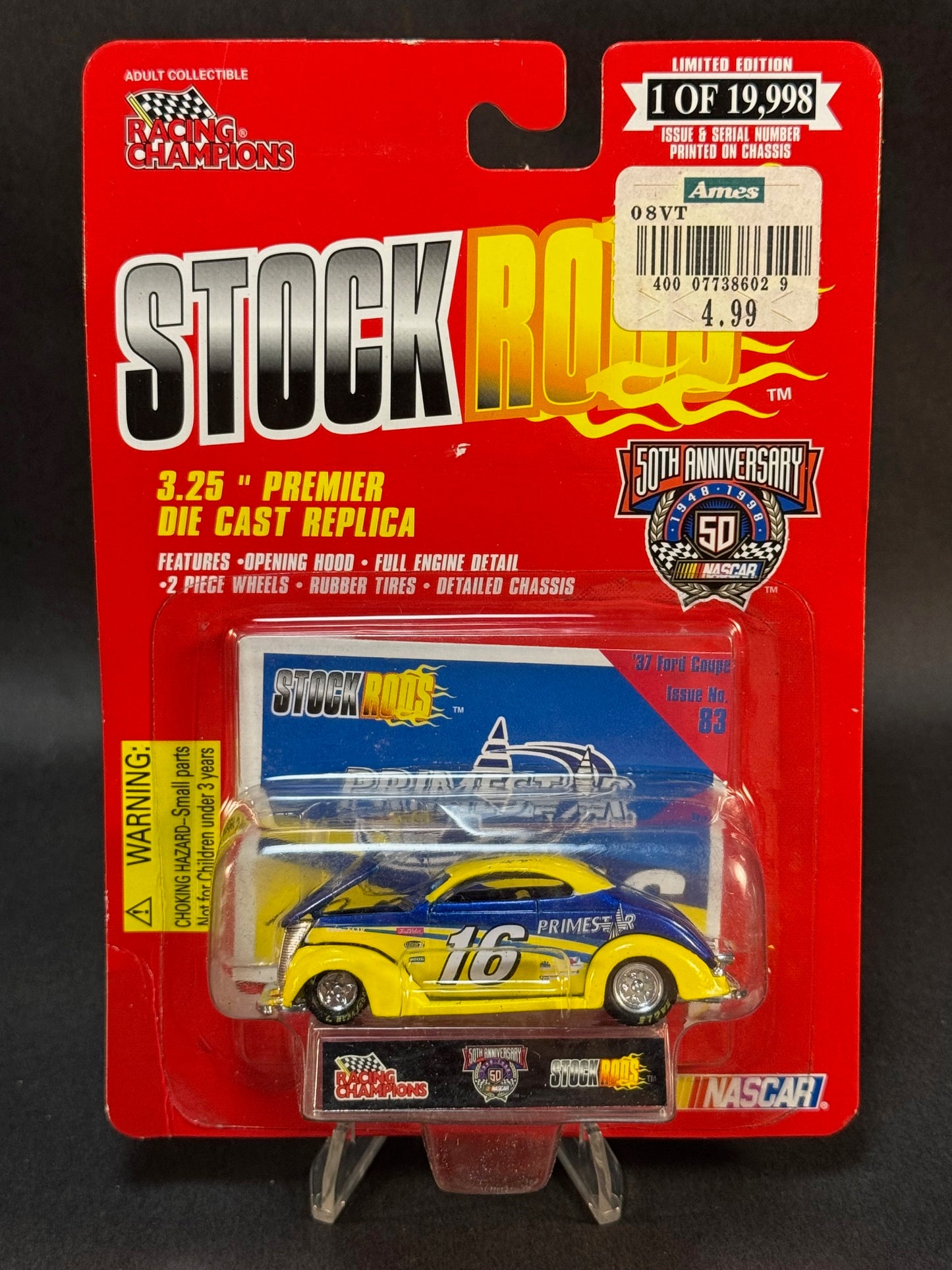 1998 Racing Champions NASCAR Stock Rods #83 '37 Ford Coupe, Yellow and Blue