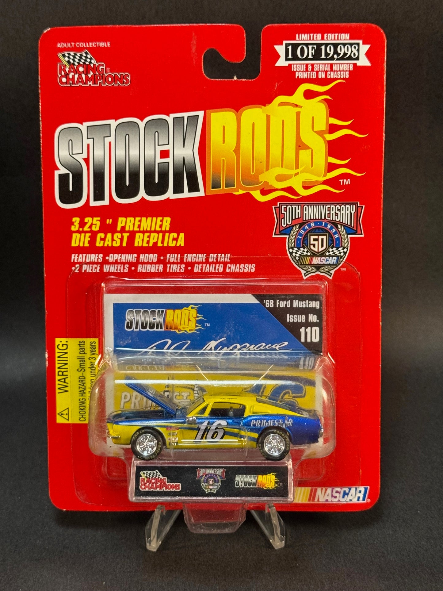 1998 Racing Champions NASCAR Stock Rods #110 '68 Ford Mustang, Yellow and Blue