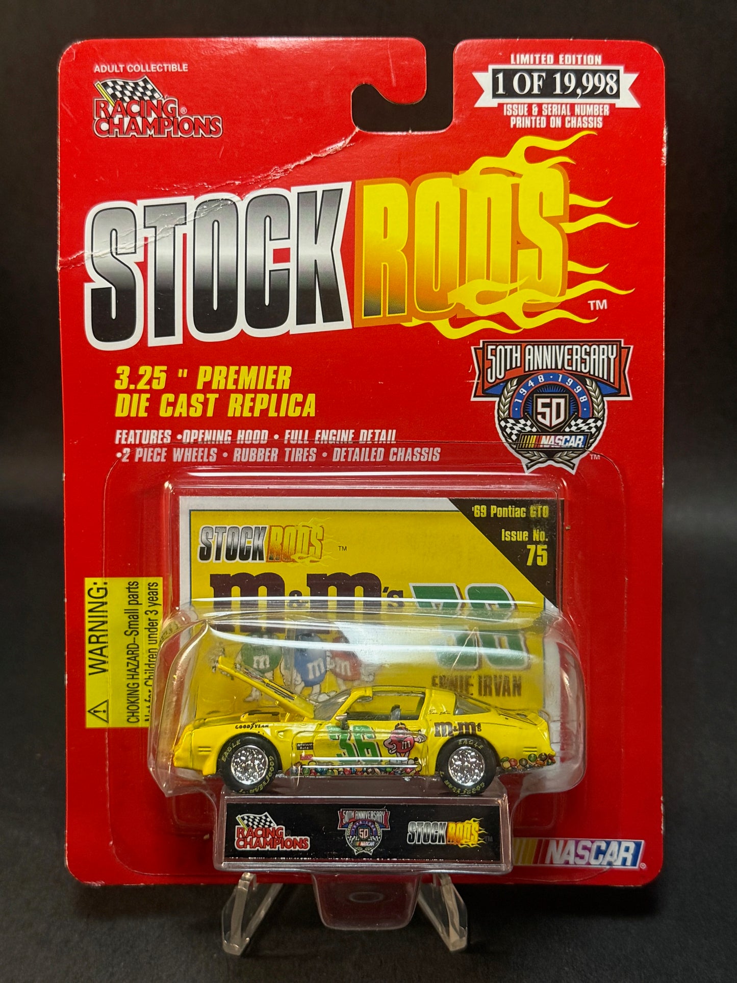 1998 Racing Champions NASCAR Stock Rods #75 m&m's, Yellow *Creased Card