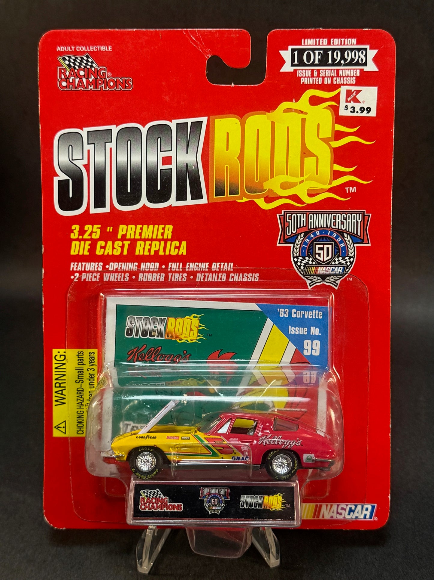 1998 Racing Champions NASCAR Stock Rods #99 '63 Corvette, Red and Yellow