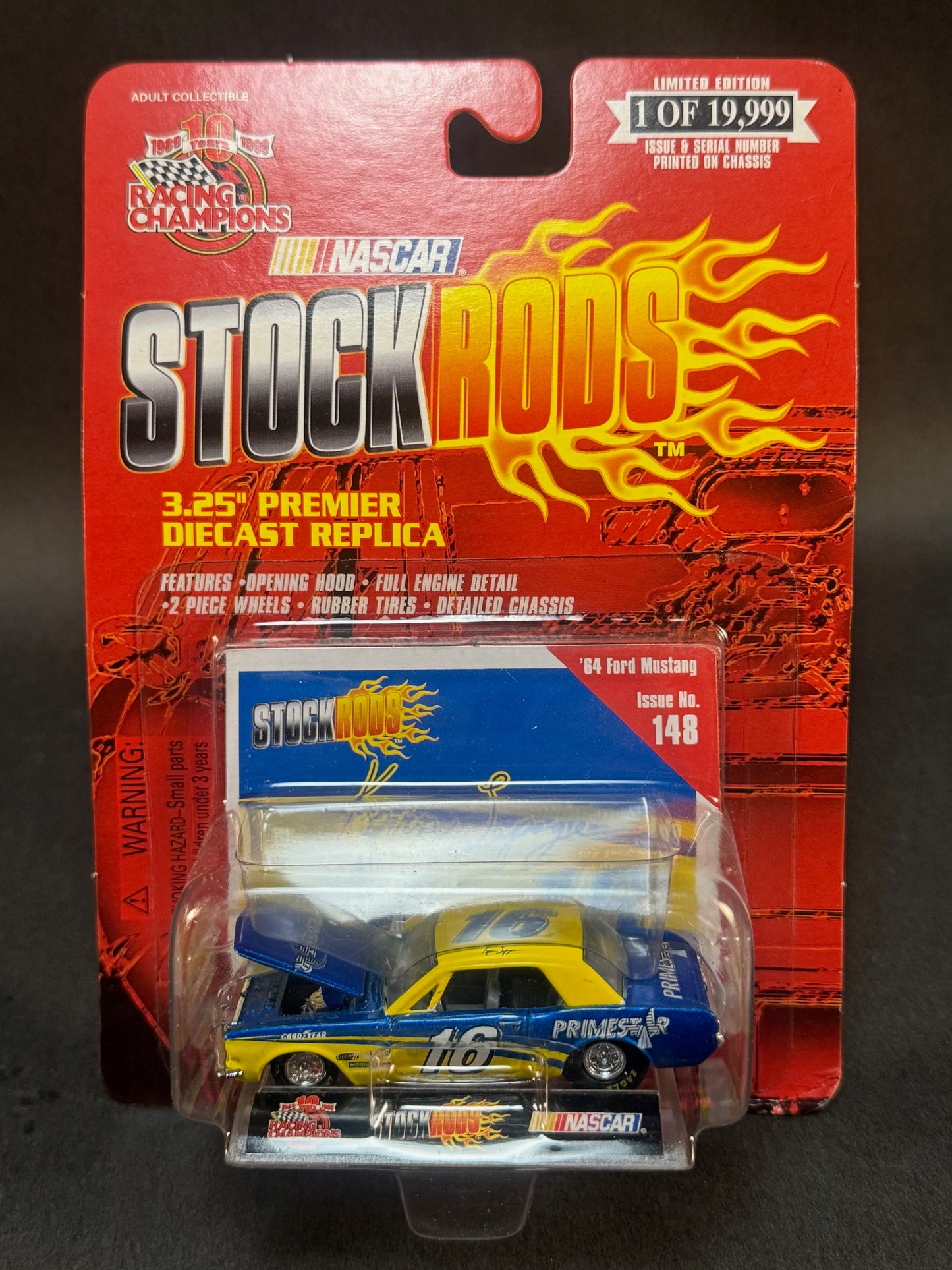 1999 Racing Champions NASCAR Stock Rods #148 '64 Ford Mustang, Blue and Yellow