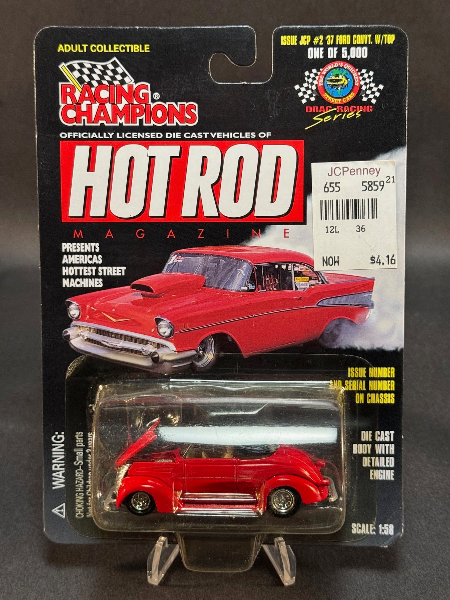 1998 Racing Champions Hot Rod Magazine JC Penney Issue #2 '37 Ford Convertible w/Top, Red