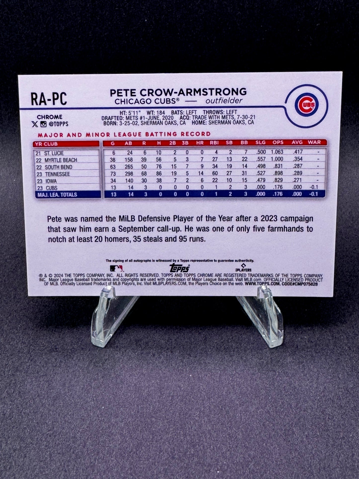 2024 Topps Chrome RC Purple Speckle /299 Pete Crow-Armstrong Autograph Chicago Cubs