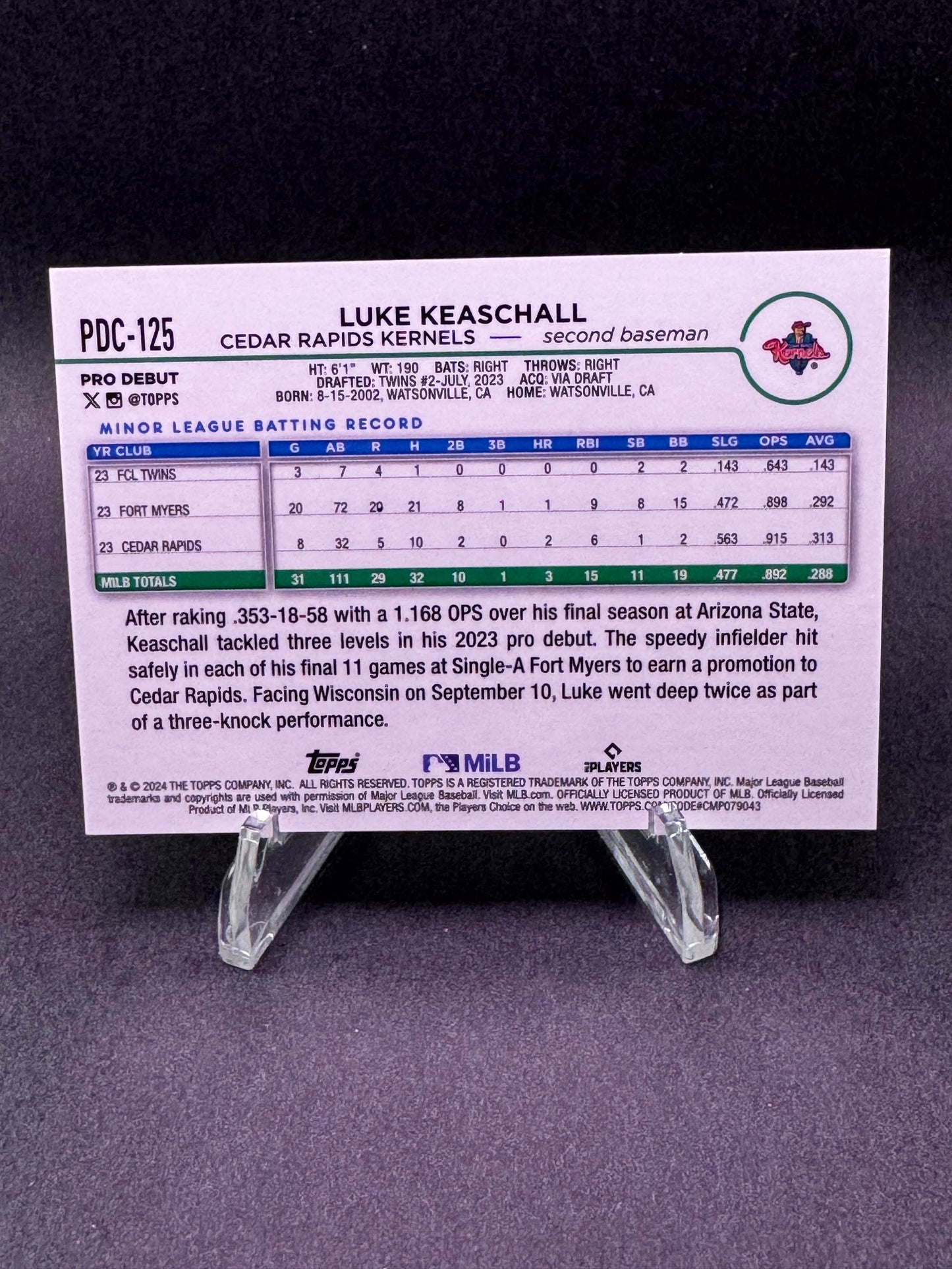 2024 Topps Pro Debut Chrome True Red /5 Luke Keaschall Cedar Rapids Kernels TWINS