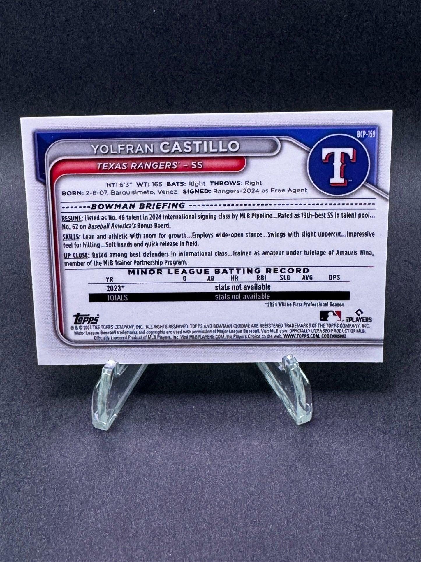 2024 Bowman Chrome 1st Edition Yellow /75 Yolfran Castillo Texas Rangers