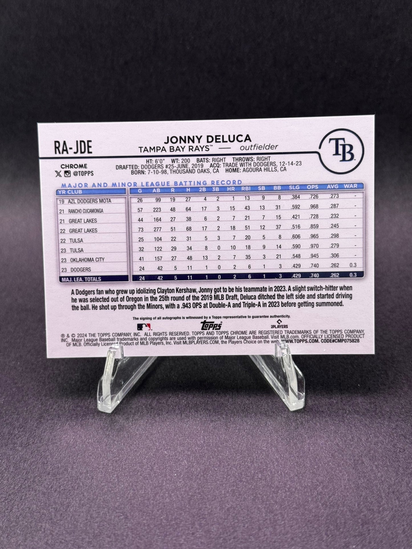 2024 Topps Chrome Rookie RC Autograph Jonny Deluca Tampa Bay Rays