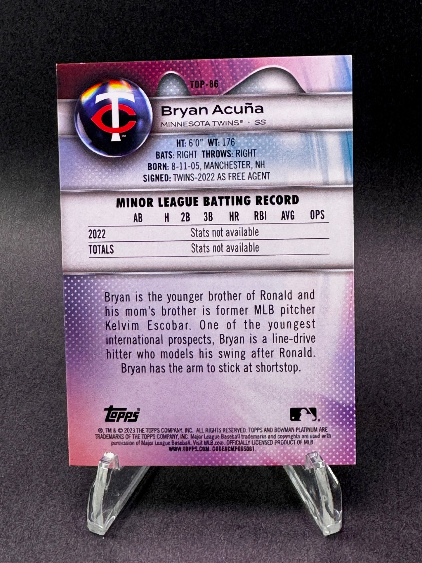 2023 Bowman Platinum #TOP-86 Gold Foil SP /50 Bryan Acuna Minnesota Twins