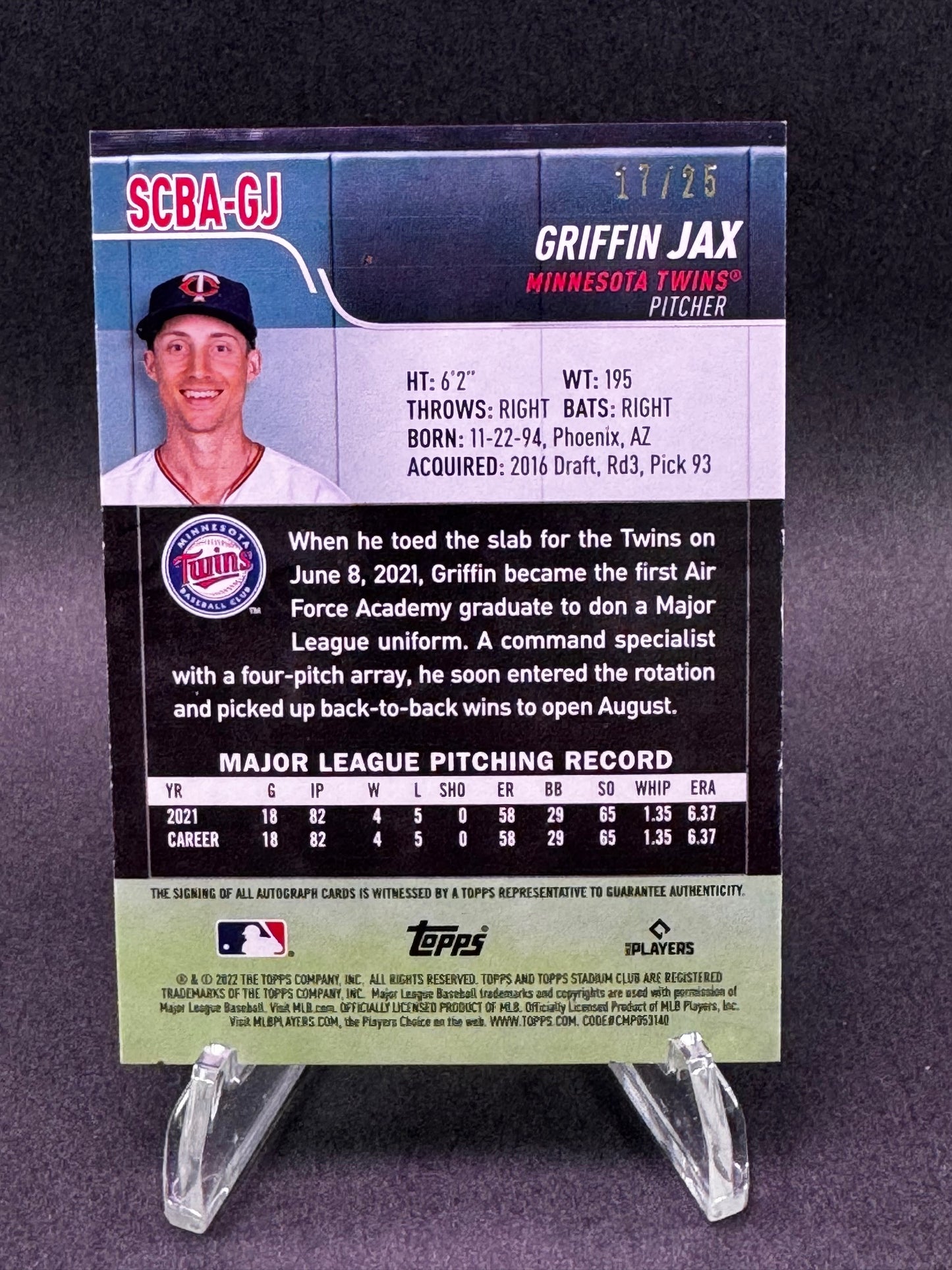 2022 Topps Stadium Club #SCBA-GJ Black /25 Griffin Jax Autograph Rookie RC Minnesota Twins