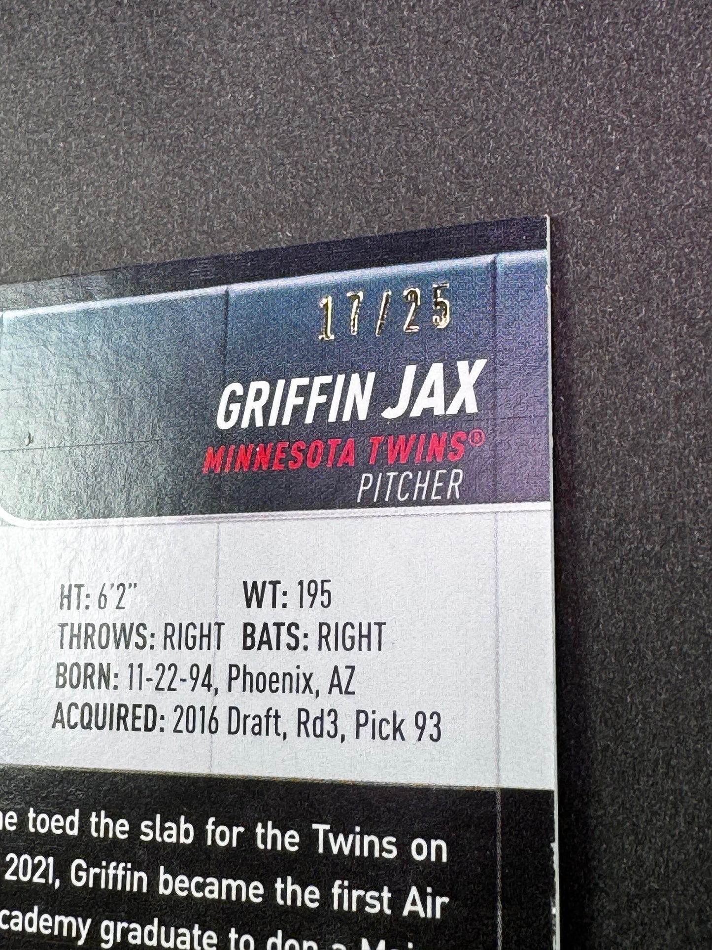 2022 Topps Stadium Club #SCBA-GJ Black /25 Griffin Jax Autograph Rookie RC Minnesota Twins