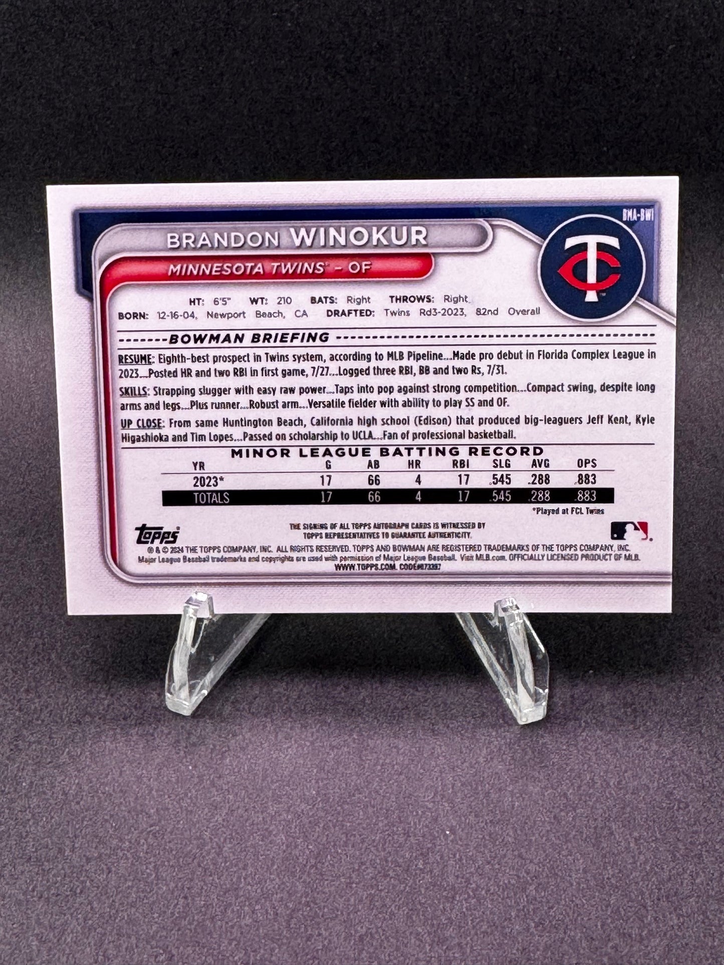 2024 Bowman Chrome Mojo #BMA-BWI Brandon Winokur Autograph Minnesota Twins