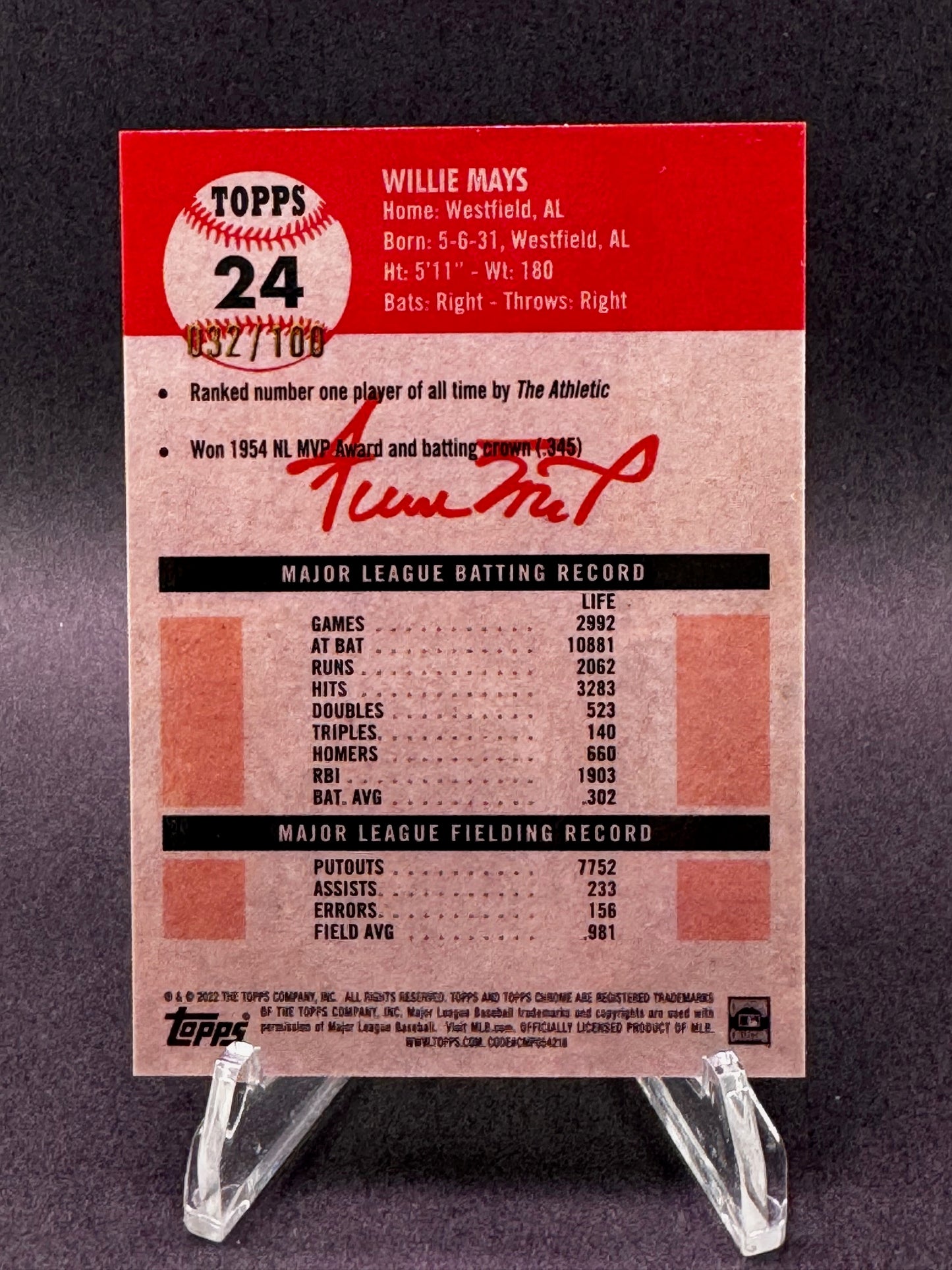 2022 Topps Chrome Platinum Anniversary 24 Red Atomic /100 Willie Mays New York Giants
