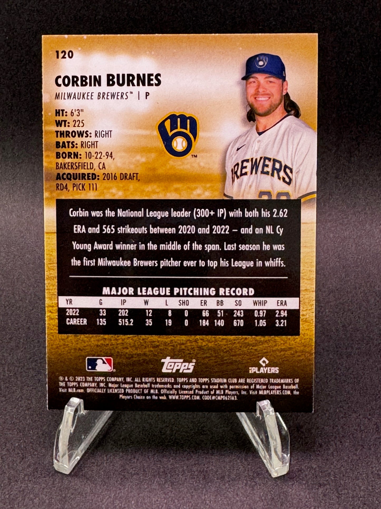 2023 Topps Stadium Club Orange Sepia 120 Corbin Burnes Milwaukee Brewers