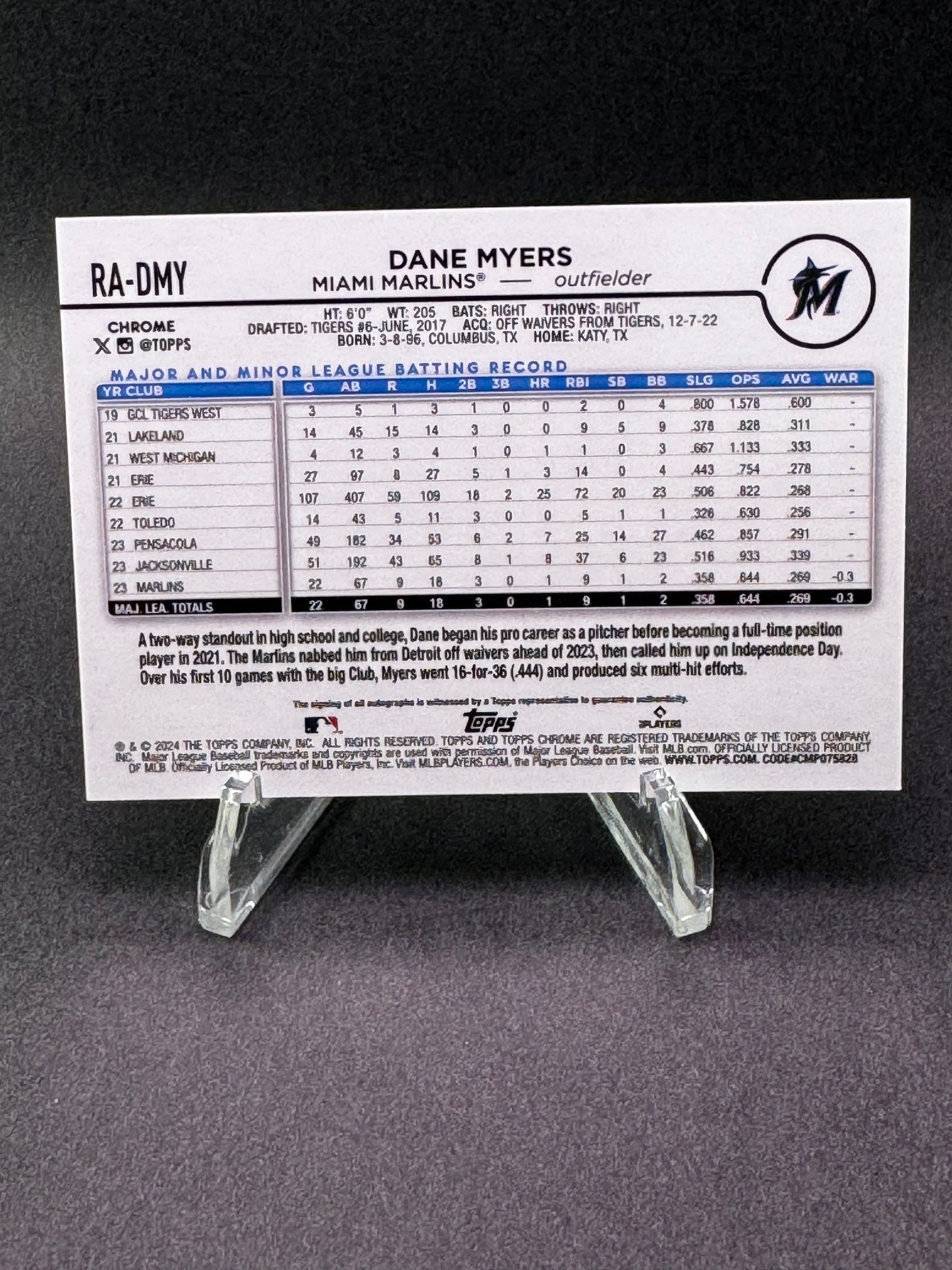 2024 Topps Chrome Aqua Wave /199 Dane Myers Rookie RC Autograph Miami Marlins