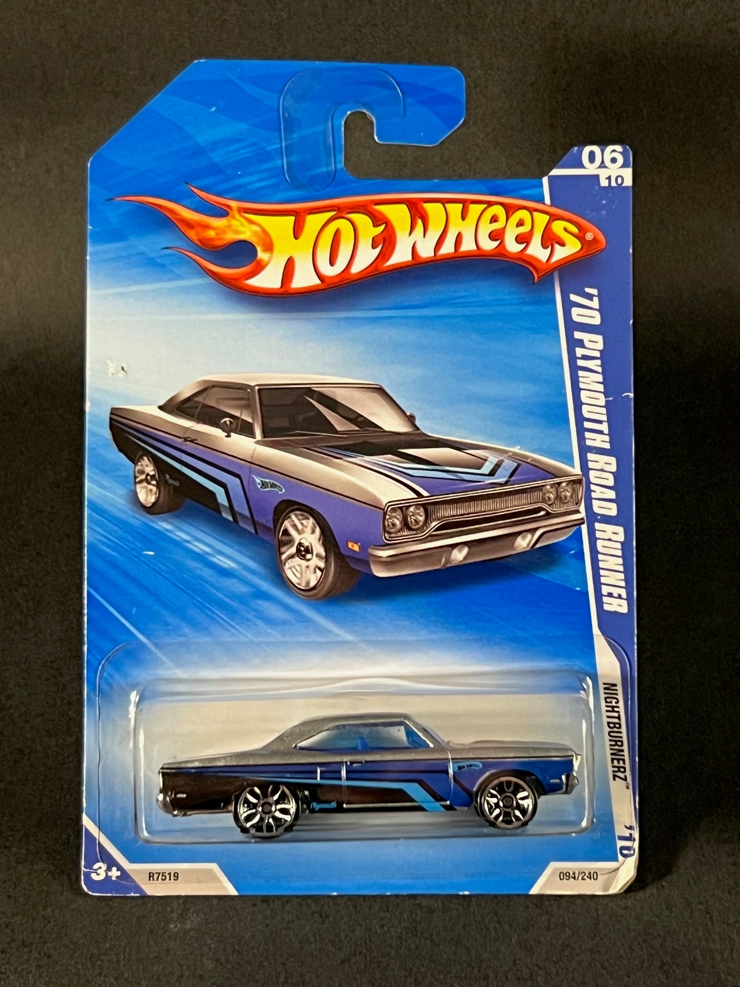 Hot Wheels 2010 Nightburnerz '10 #094 '70 Plymouth Road Runner, Silver and Blue