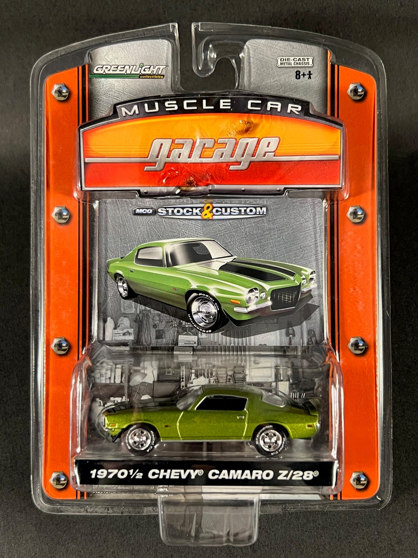 GreenLight 2008 Muscle Car Garage 1970 1/2 Chevy Camaro Z28, Green *Damaged Blister