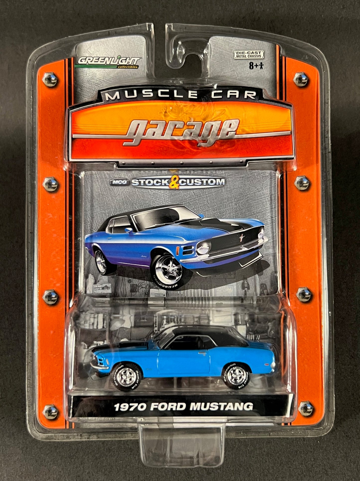 GreenLight 2008 Muscle Car Garage 1970 Ford Mustang, Blue *Damaged Blister