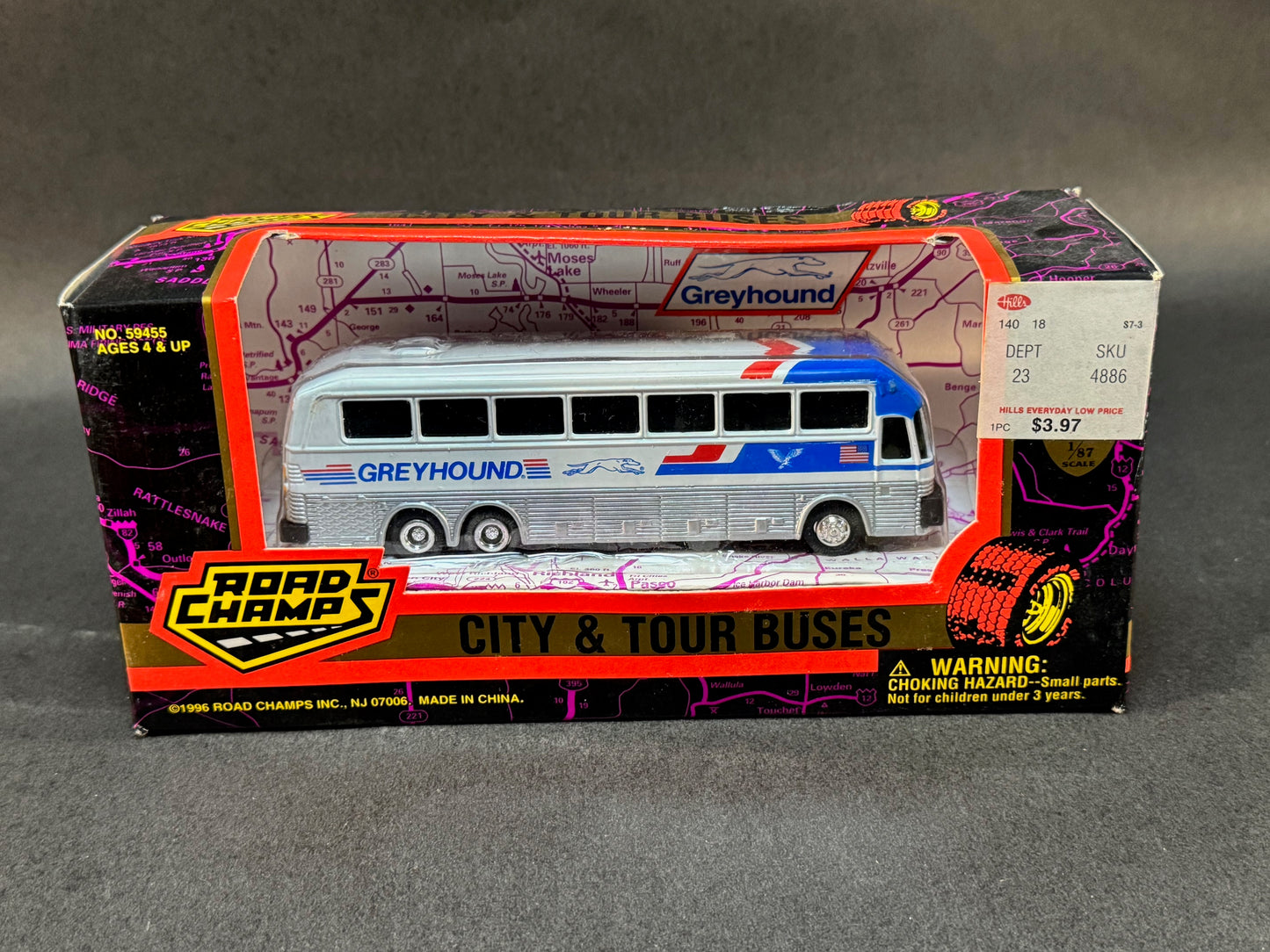 1996 Road Champs City & Tour Buses Series Boxed Greyhound Bus, Blue and White