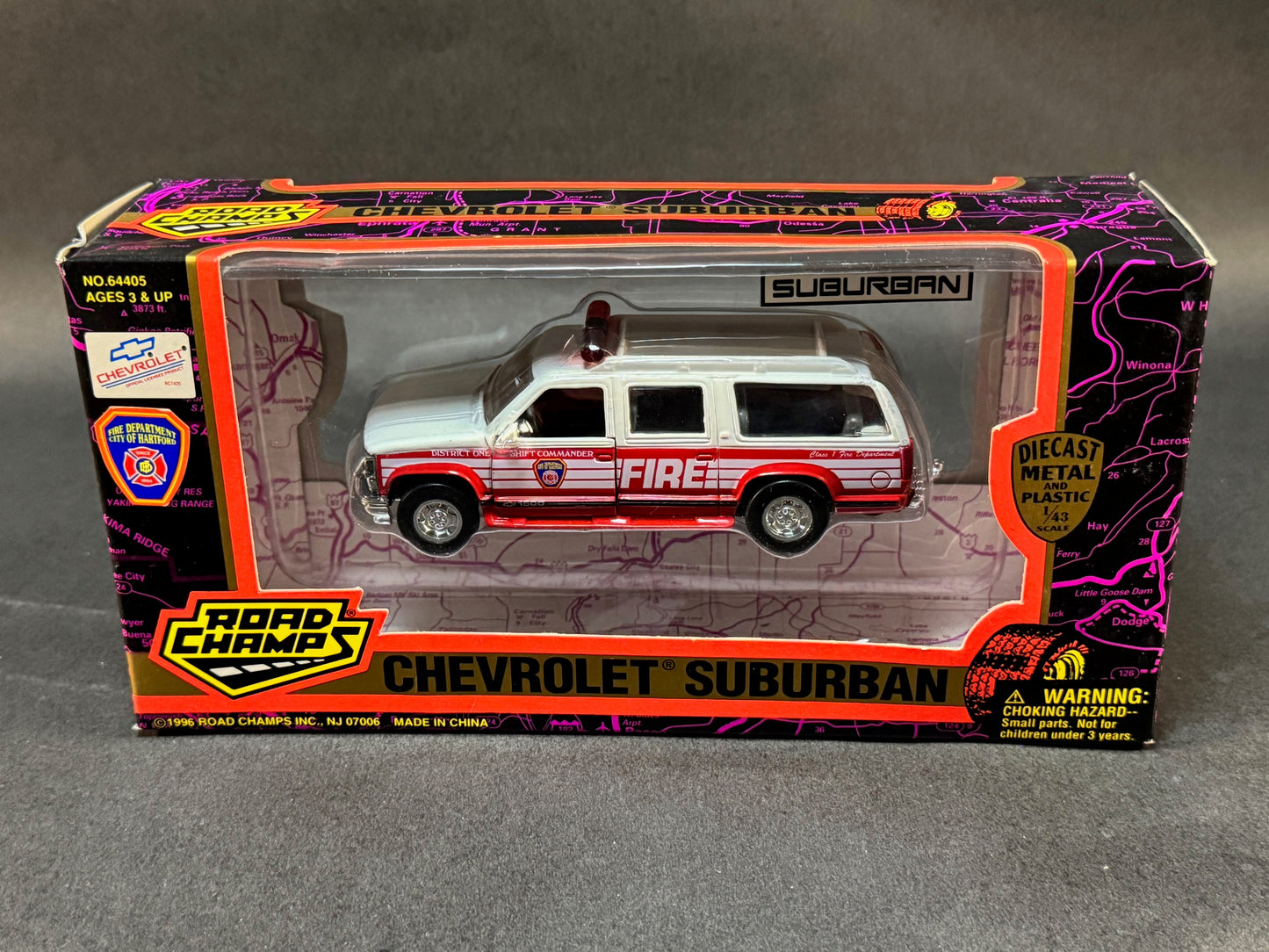 1996 Road Champs Chevrolet Suburban Series Boxed Hartford Fire Department Shift Commander, Red and White