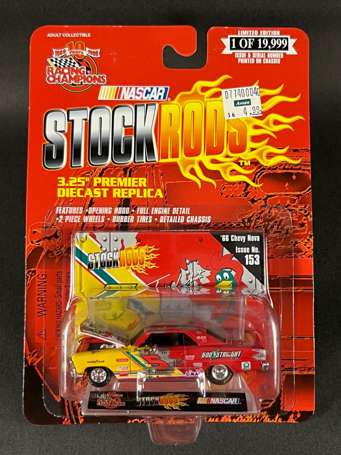 Racing Champions 1999 NASCAR Stock Rods #153 '66 Chevy Nova, Red and Yellow