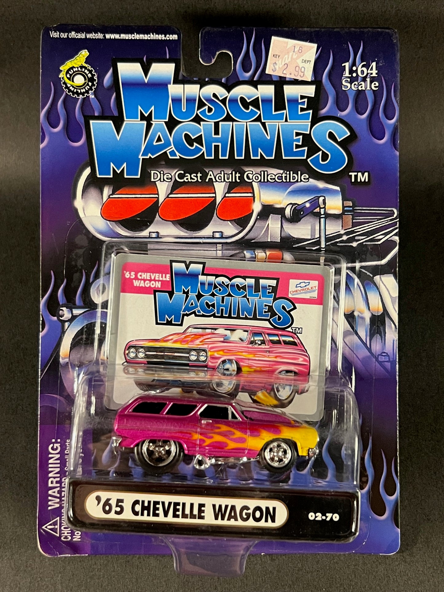 Muscle Machines 2002 02-70 '65 Chevelle Wagon, Pink with Yellow Flames