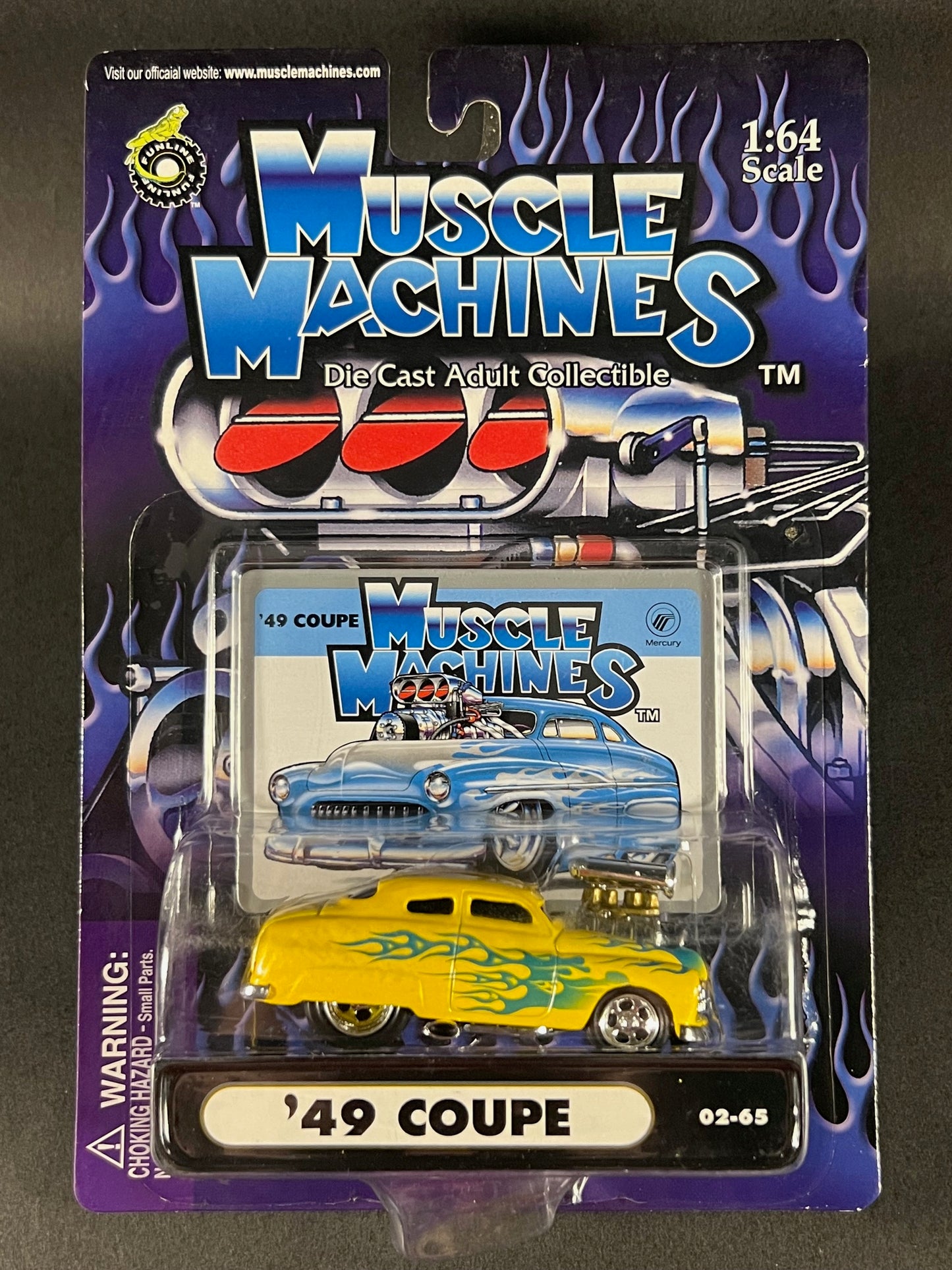 Muscle Machines 2002 02-65 '49 Coupe, Yellow with Blue Flames