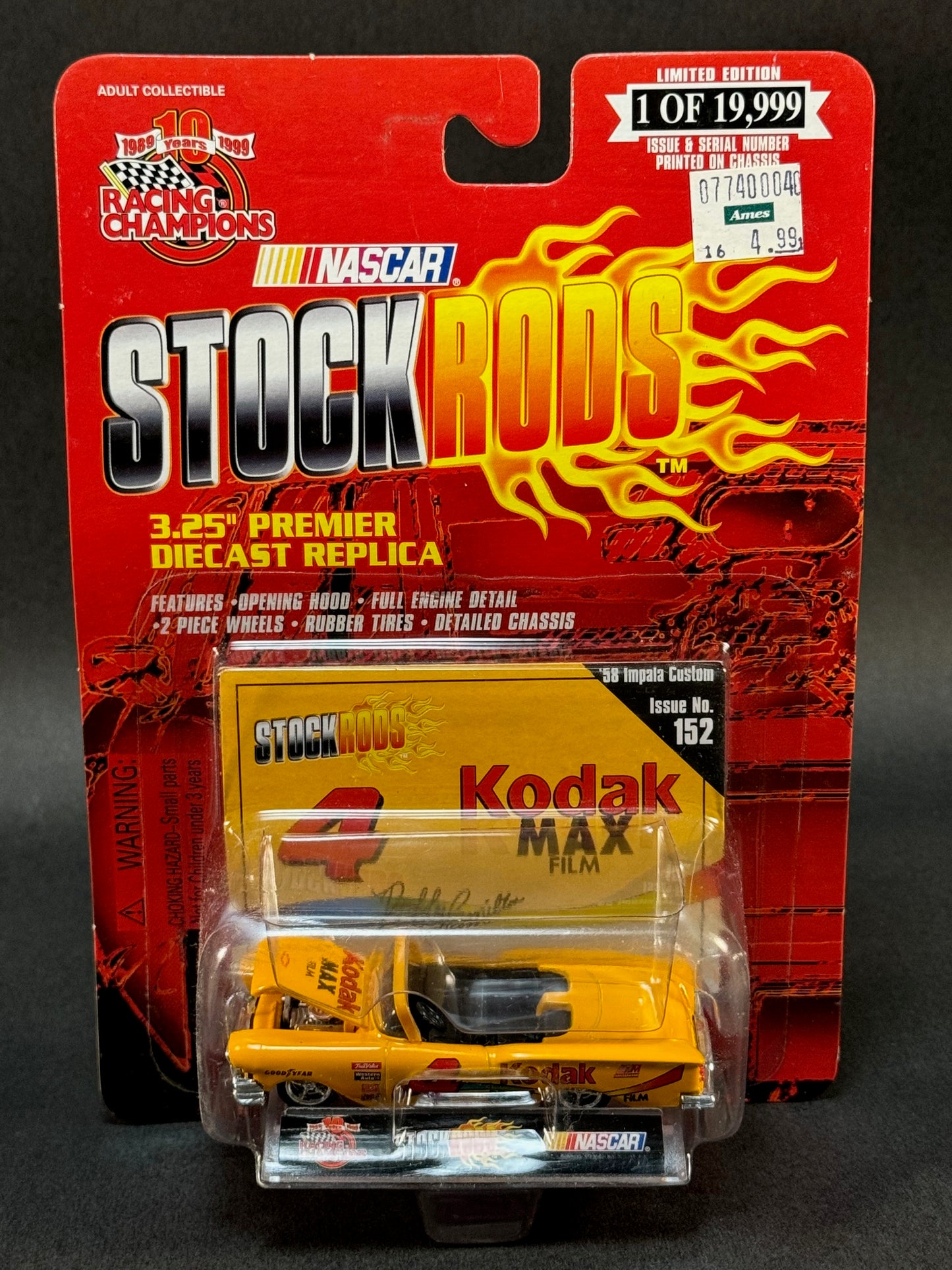 1999 Racing Champions NASCAR Stock Rods #152 '58 Impala Custom, Yellow