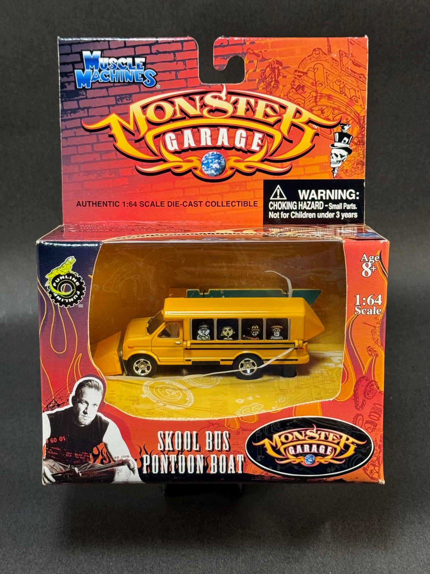 2004 Muscle Machines Monster Garage Skool Bus Pontoon Boat, Yellow