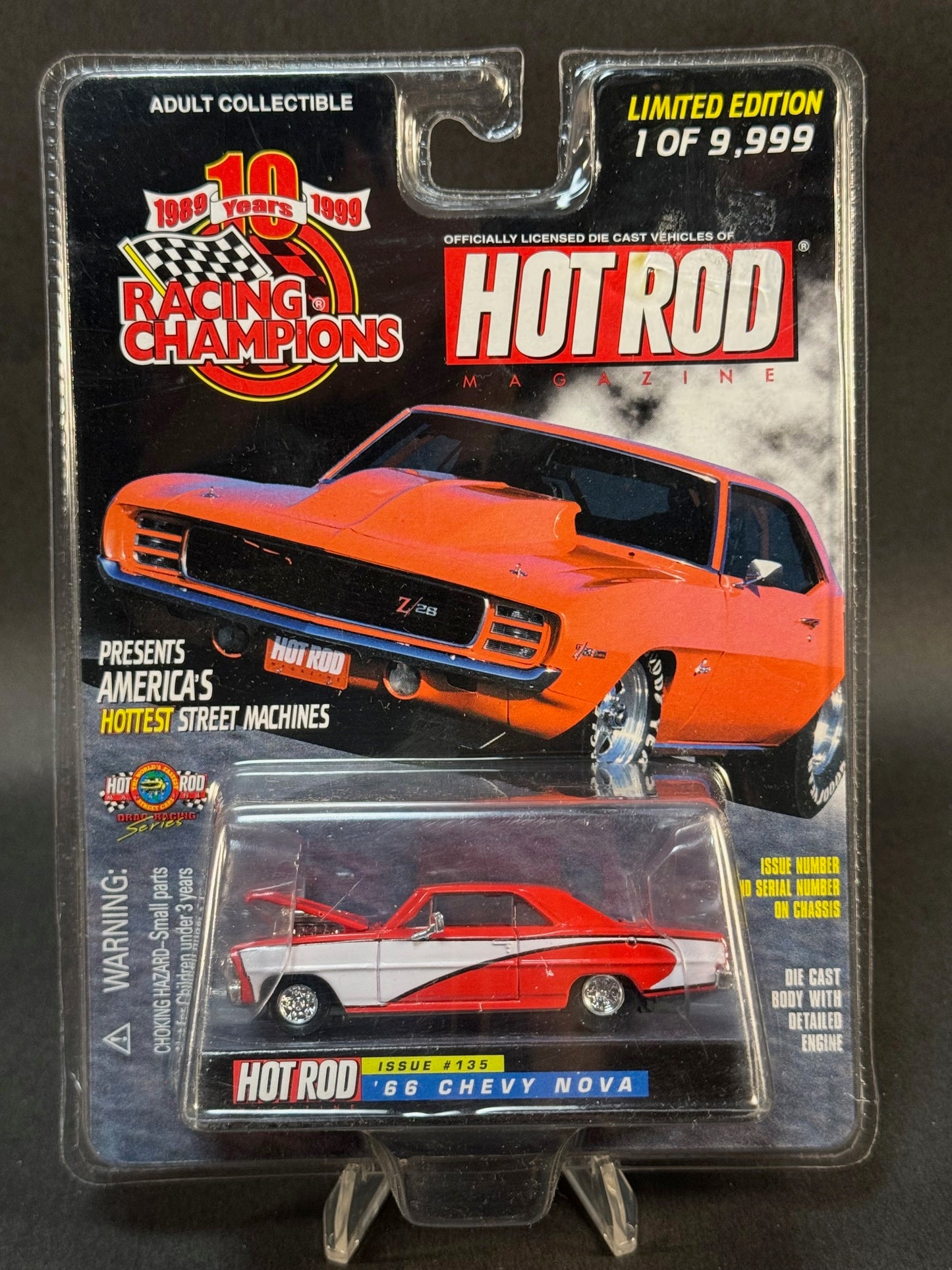 1999 Racing Champions Hot Rod Magazine Issue #135 '66 Chevy Nova, Red and White