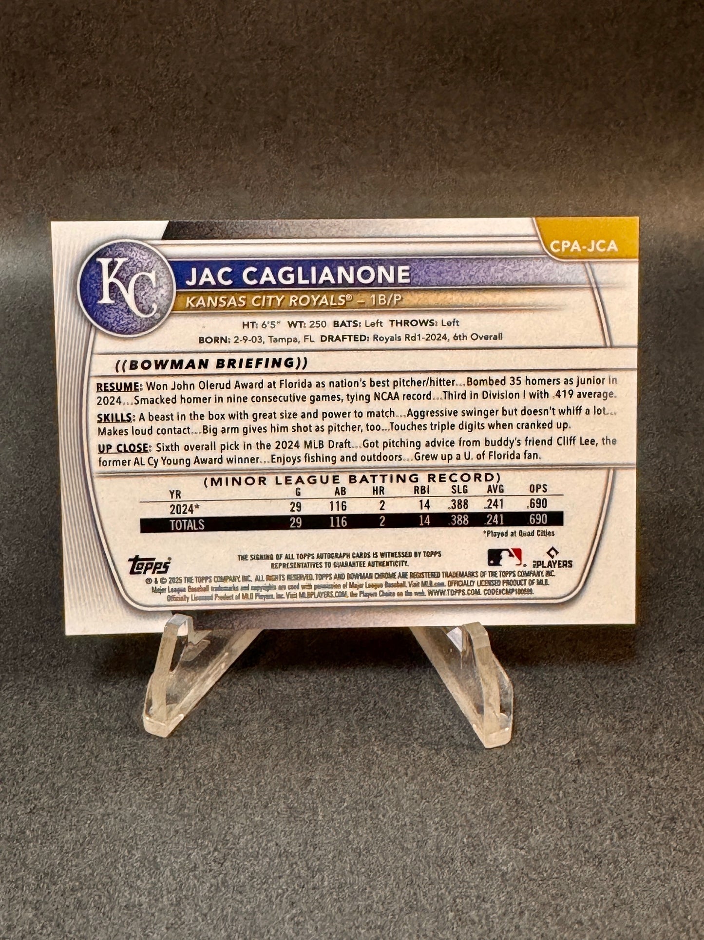 2025 Bowman Chrome CPA-JCA Top Prospect Autograph Jac Caglianone Royals