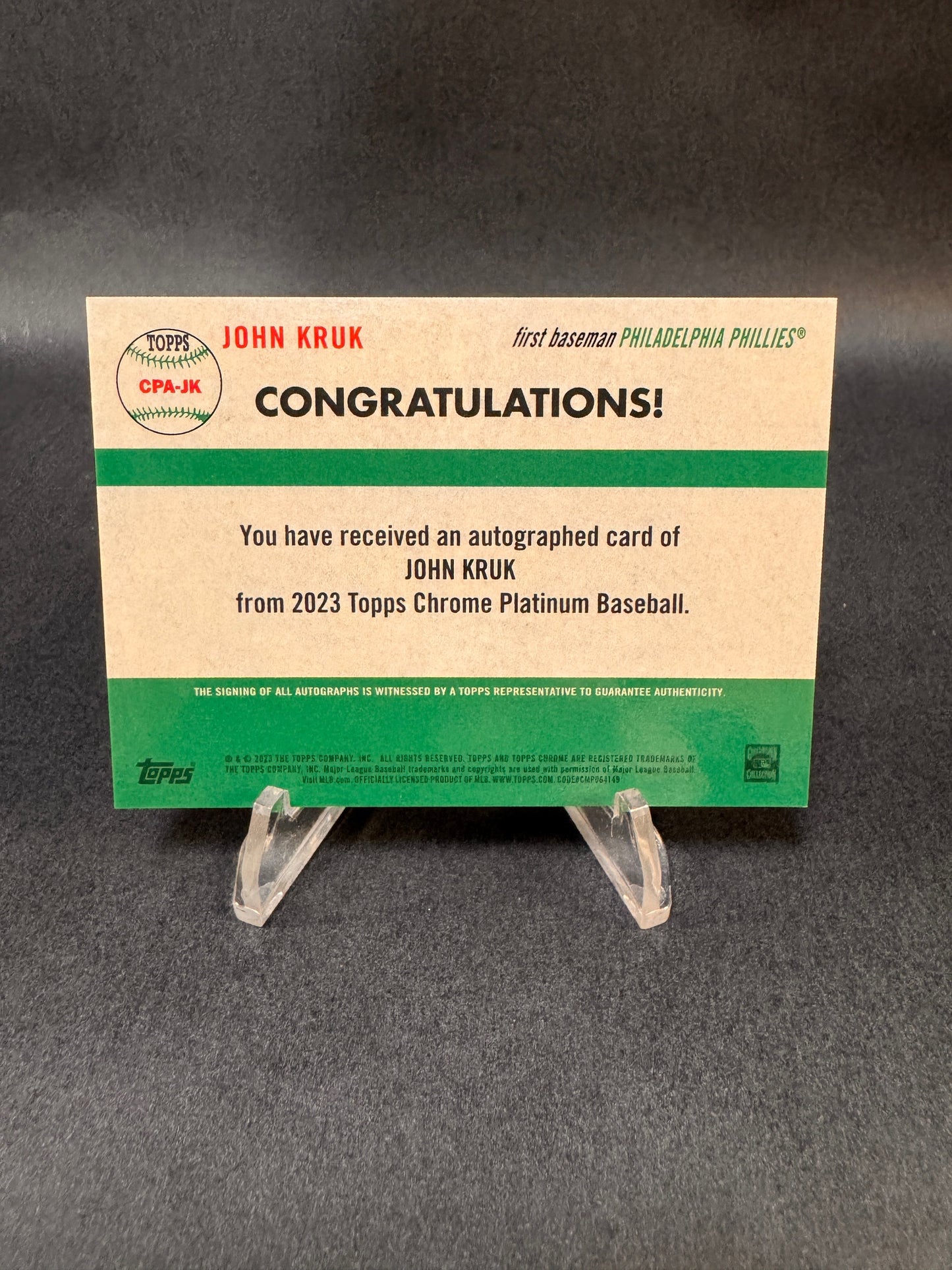 2023 Topps Chrome Platinum CPA-JK Green Refractor /75 John Kruk Autograph