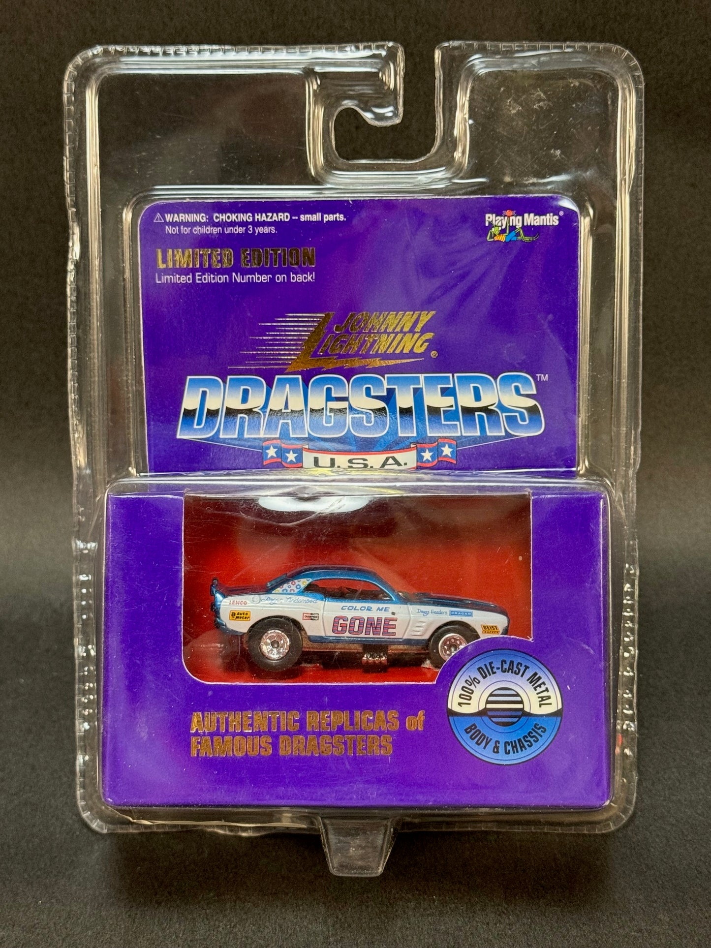 1996 Johnny Lightning Limited Edition Dragsters USA Color Me Gone, Blue and White